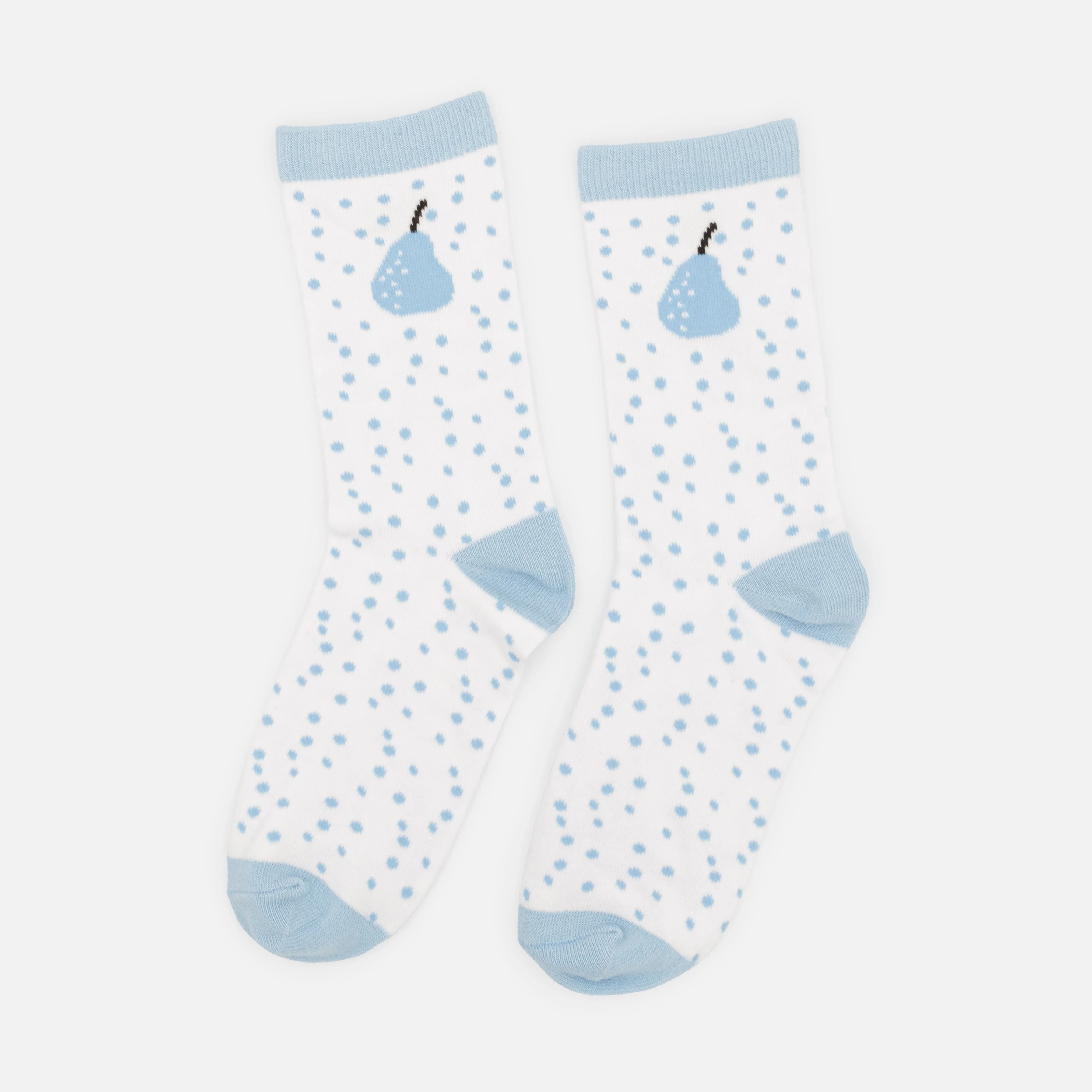 Bas blancs avec poire bleue et pois