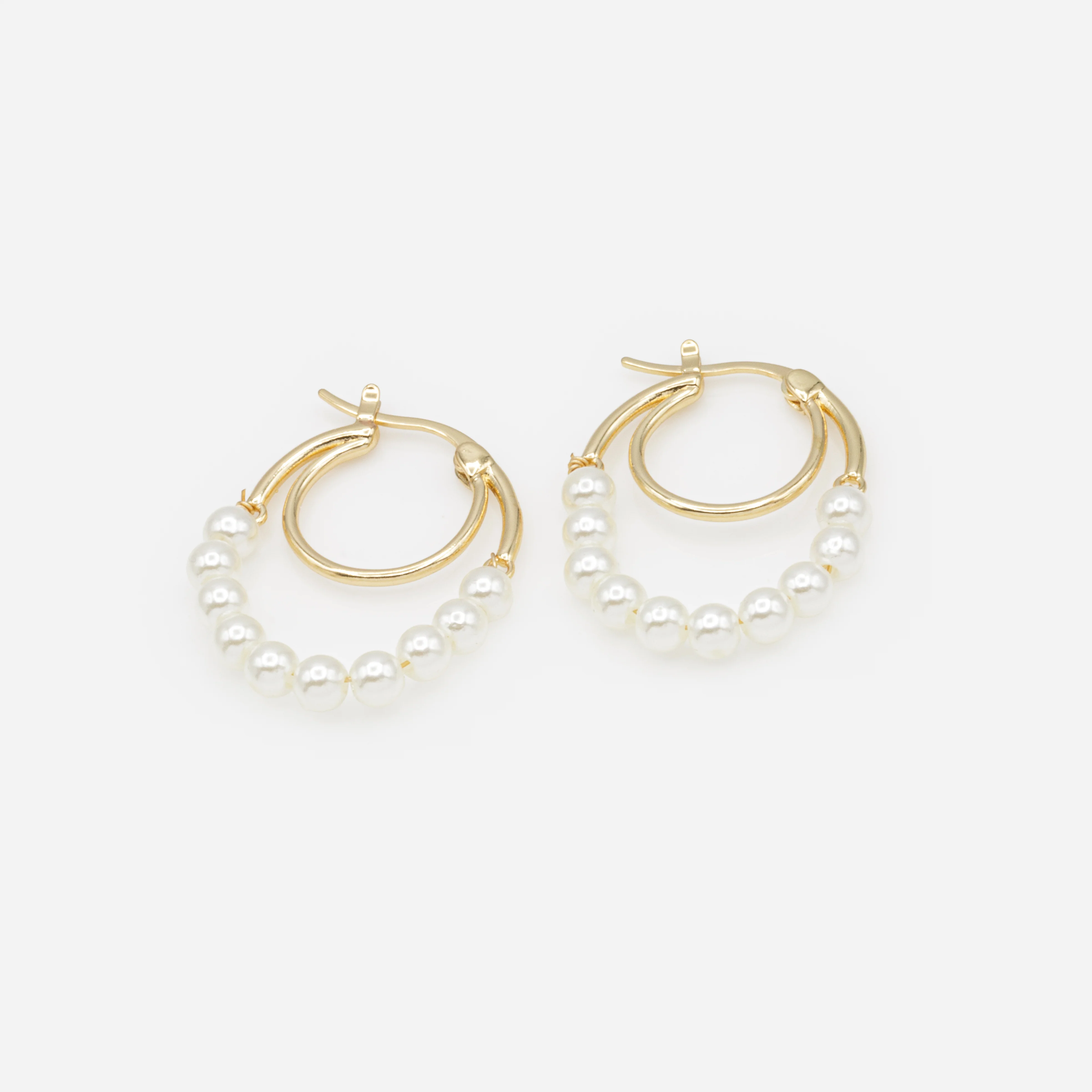 Boucles d'oreilles anneaux deux rangs avec suspension de perles - Image 2