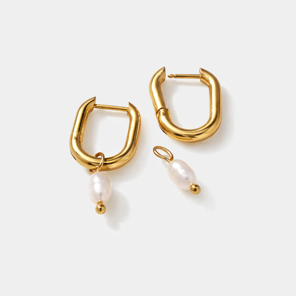 Boucles d'oreilles anneaux dorés en acier inoxydable breloque perle - Image 3