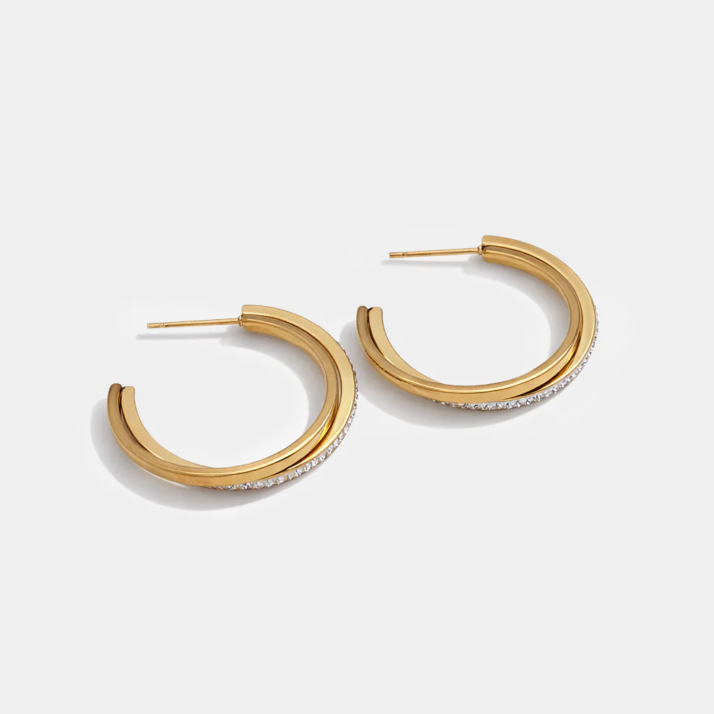 Boucles d'oreilles anneaux dorés en acier inoxydable & zircons cubiques - Image 2