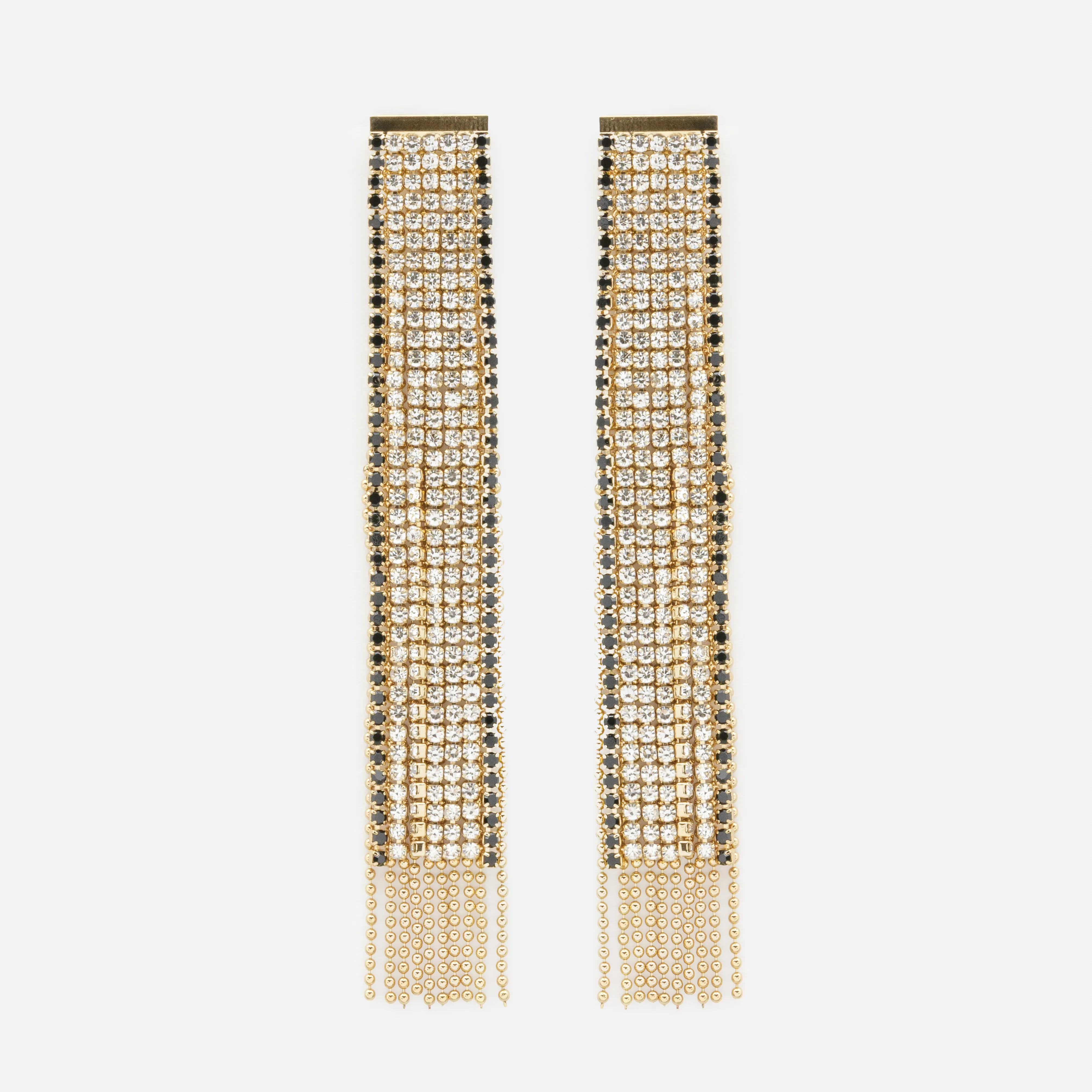 Boucles d'oreilles dorées longues avec fines billes et zircons cubiques noirs