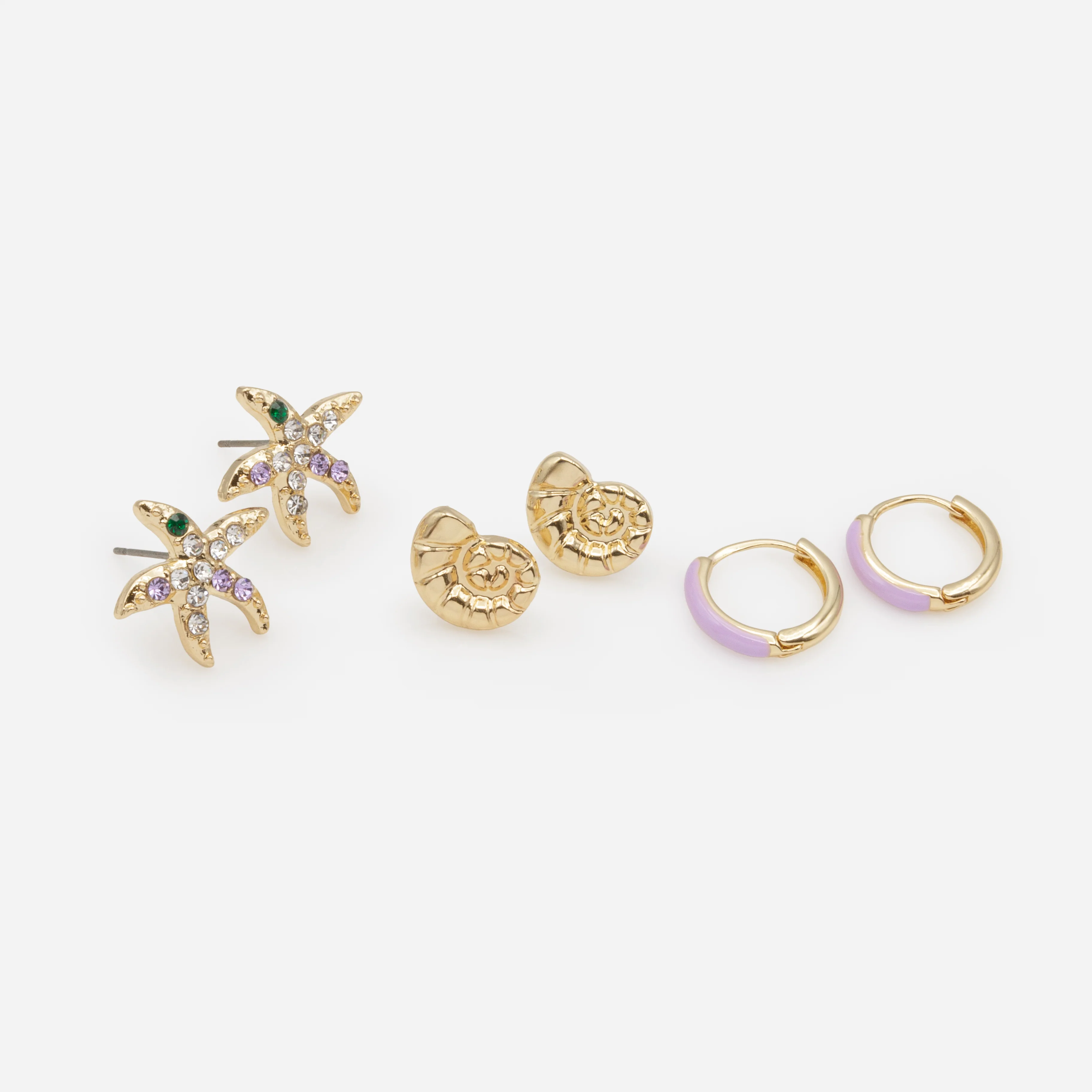 Trio de boucles d'oreilles dorées et lilas avec zircons cubiques - Image 2
