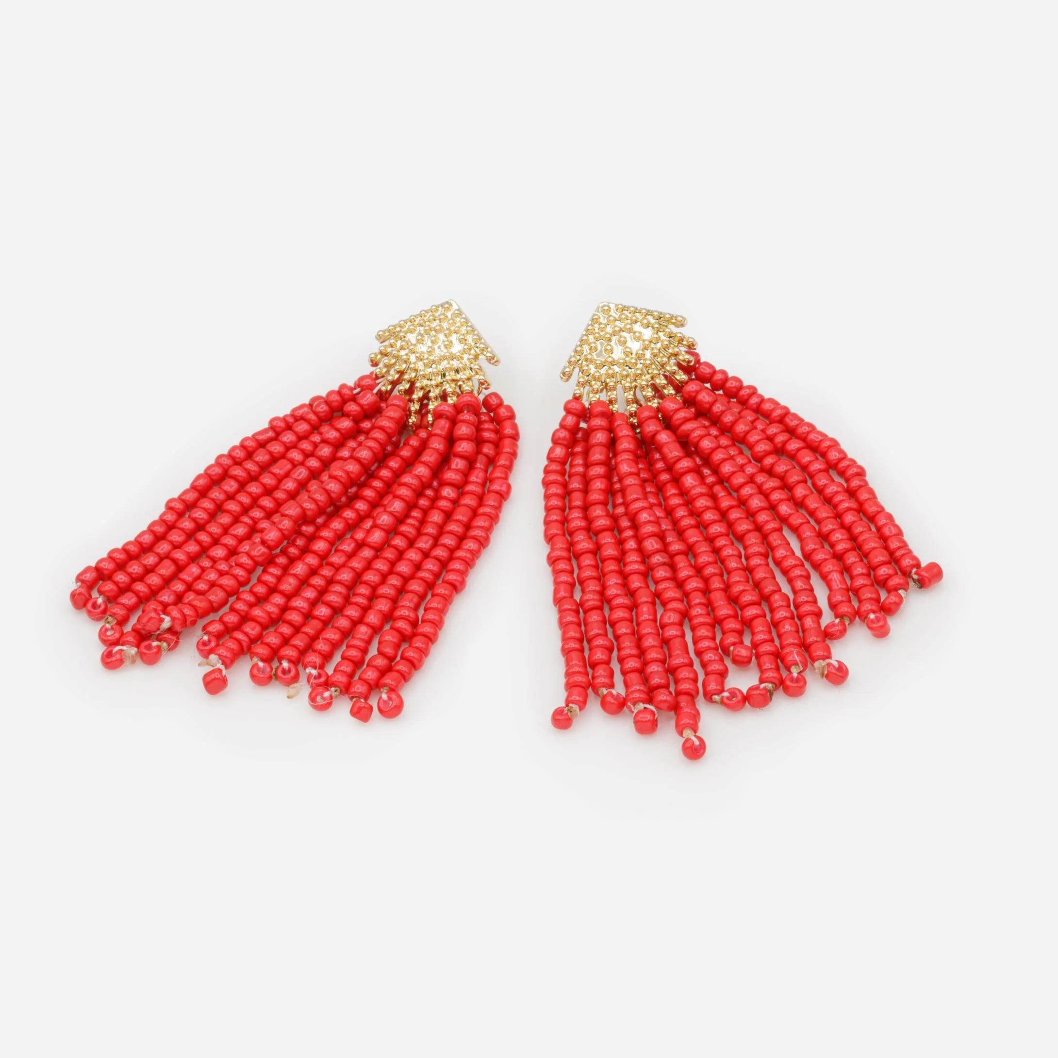 Boucles d'oreilles dorées avec chute de billes rouges - Image 2