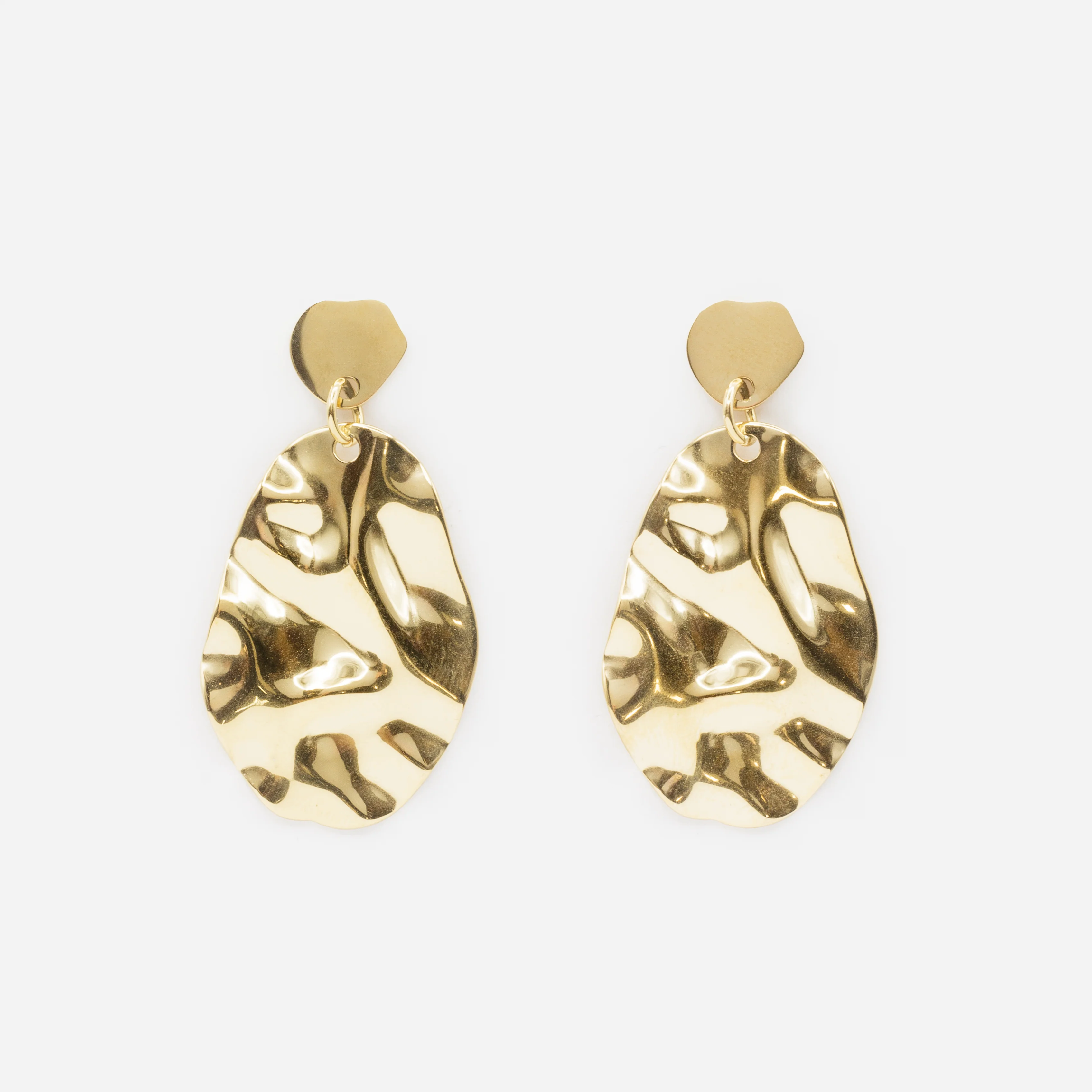 Boucles d'oreilles dorées plaques ovales froissées en acier inoxydable