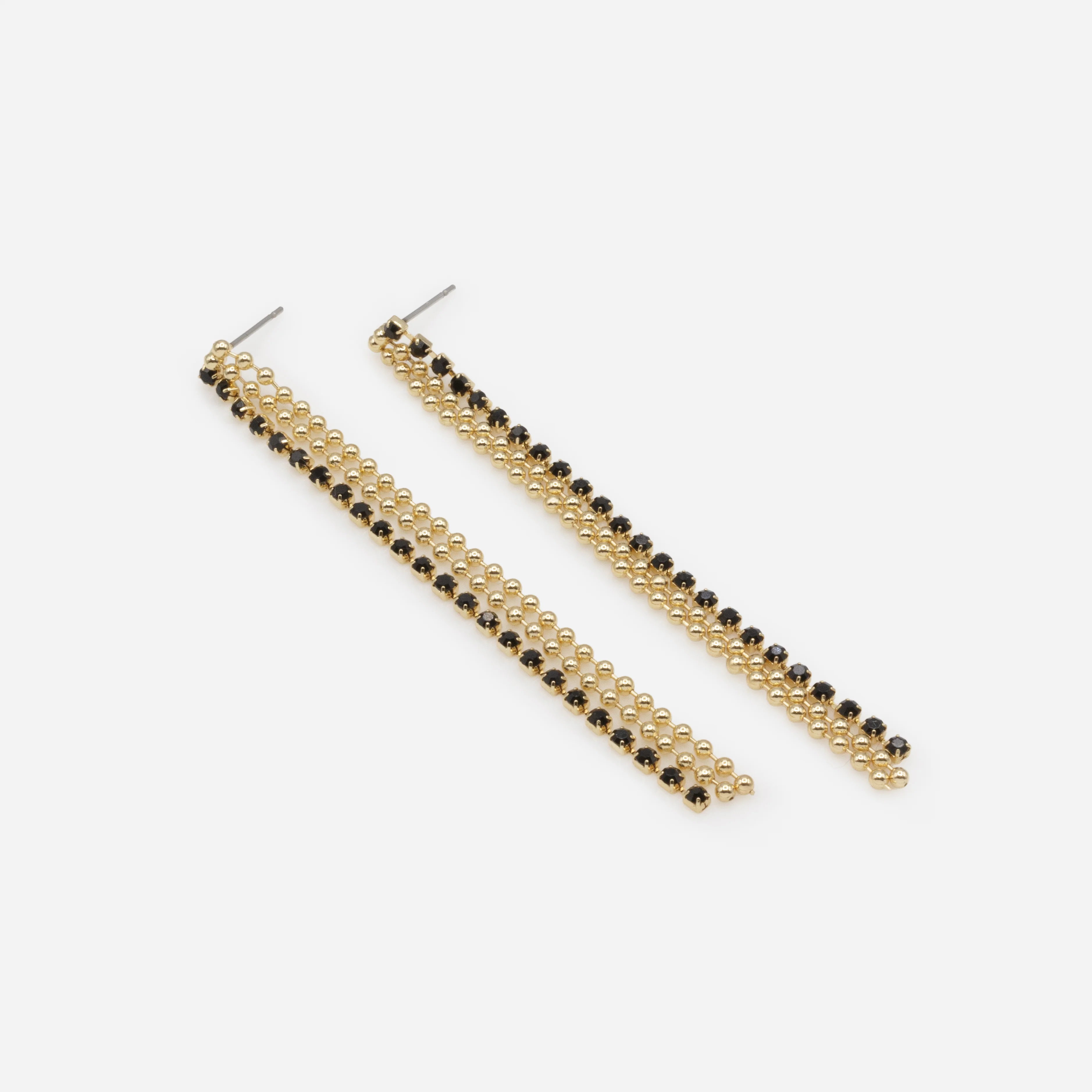 Longues boucles d'oreilles billes dorées et fines pierres noires - Image 2