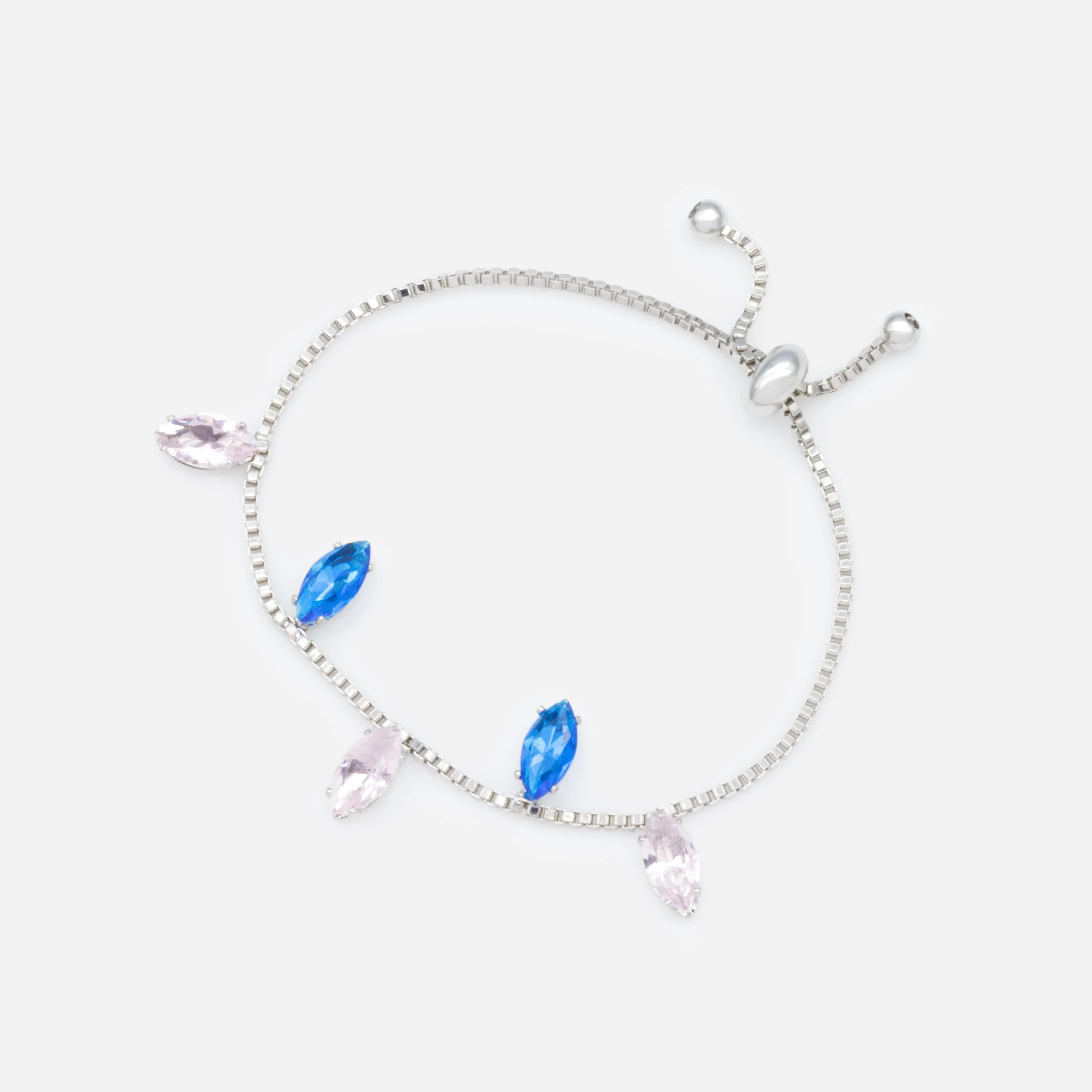Bracelet argenté ajustable avec pierres roses et bleues