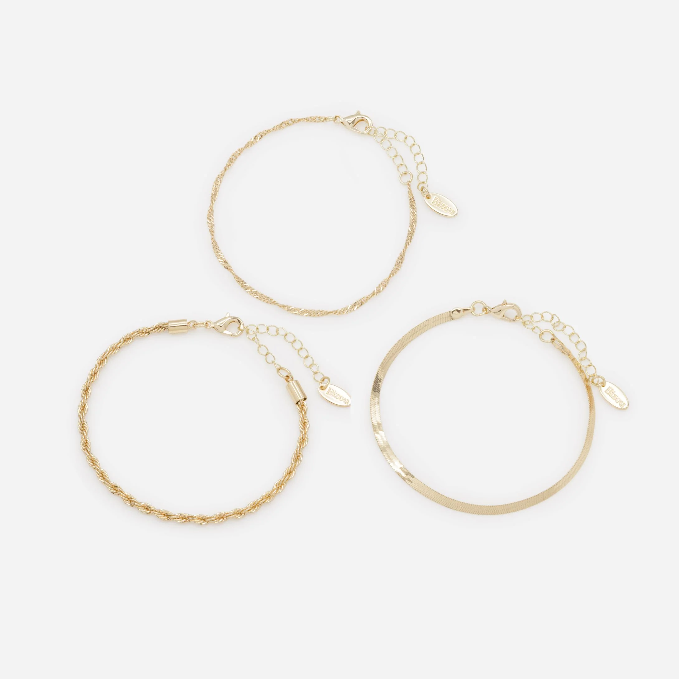 Trio de bracelets dorés mailles plates et torsades