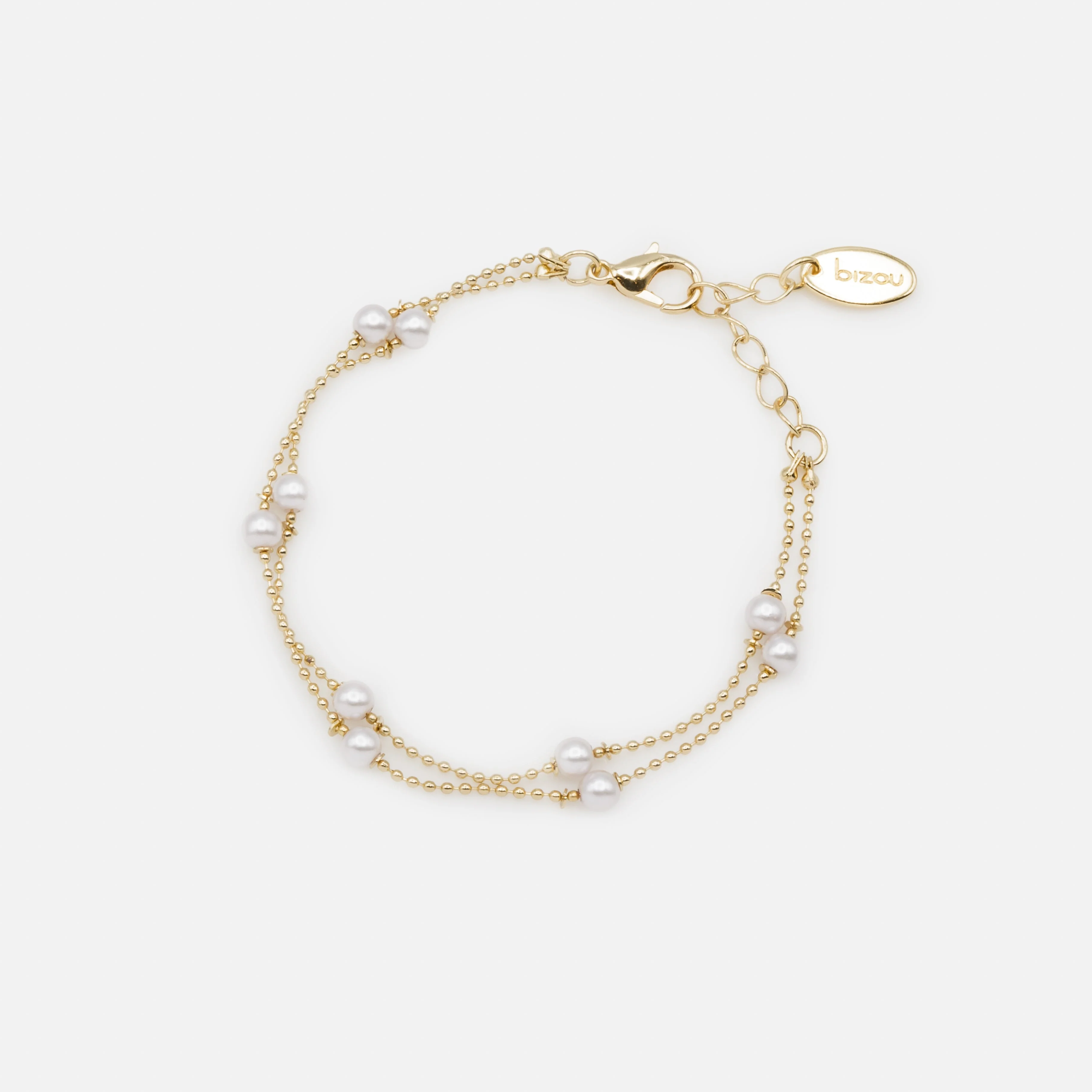 Bracelet double chaîne fines billes dorées et perles rondes