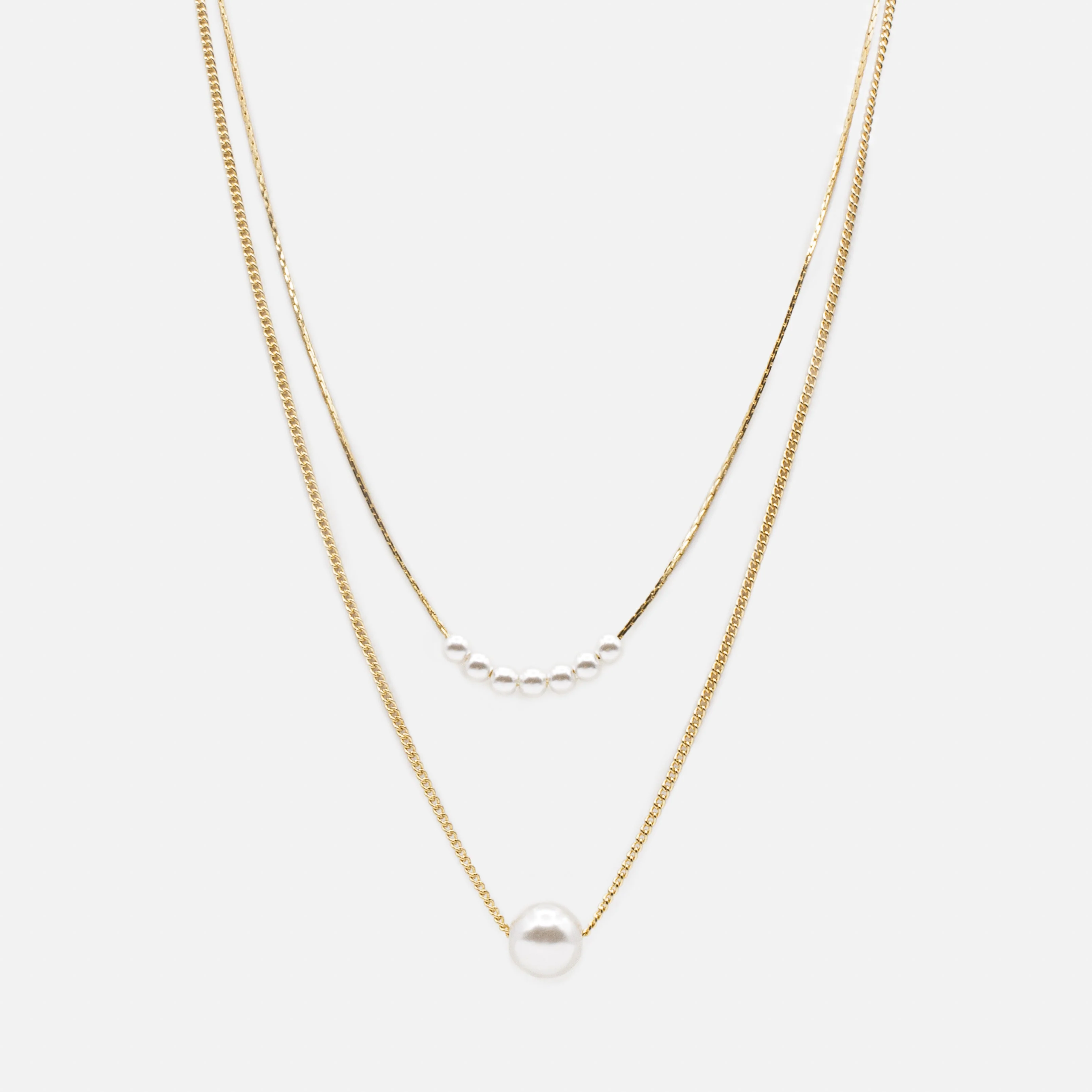 Collier doré double chaîne perle ronde synthétique deux formats