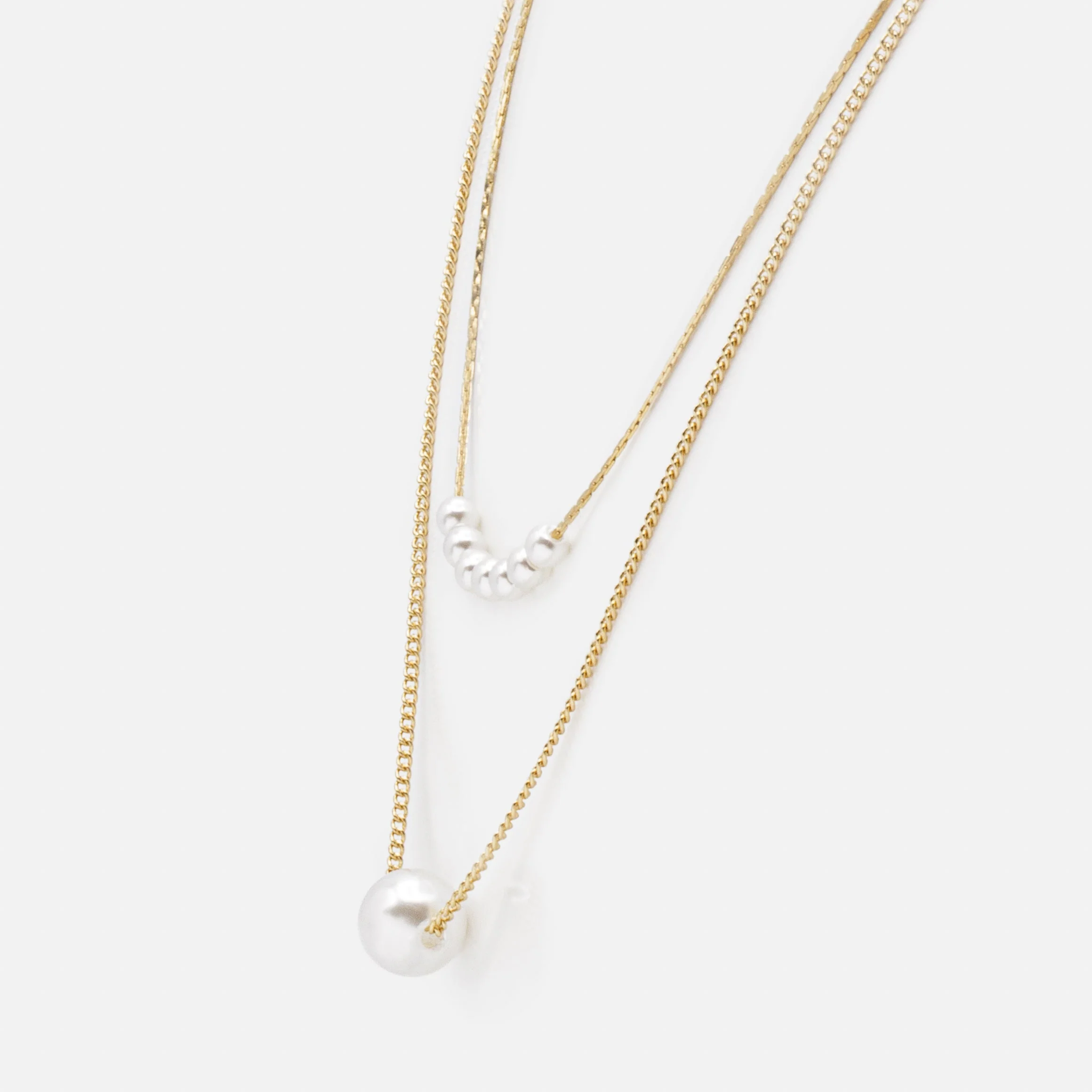 Collier doré double chaîne perle ronde synthétique deux formats - Image 2