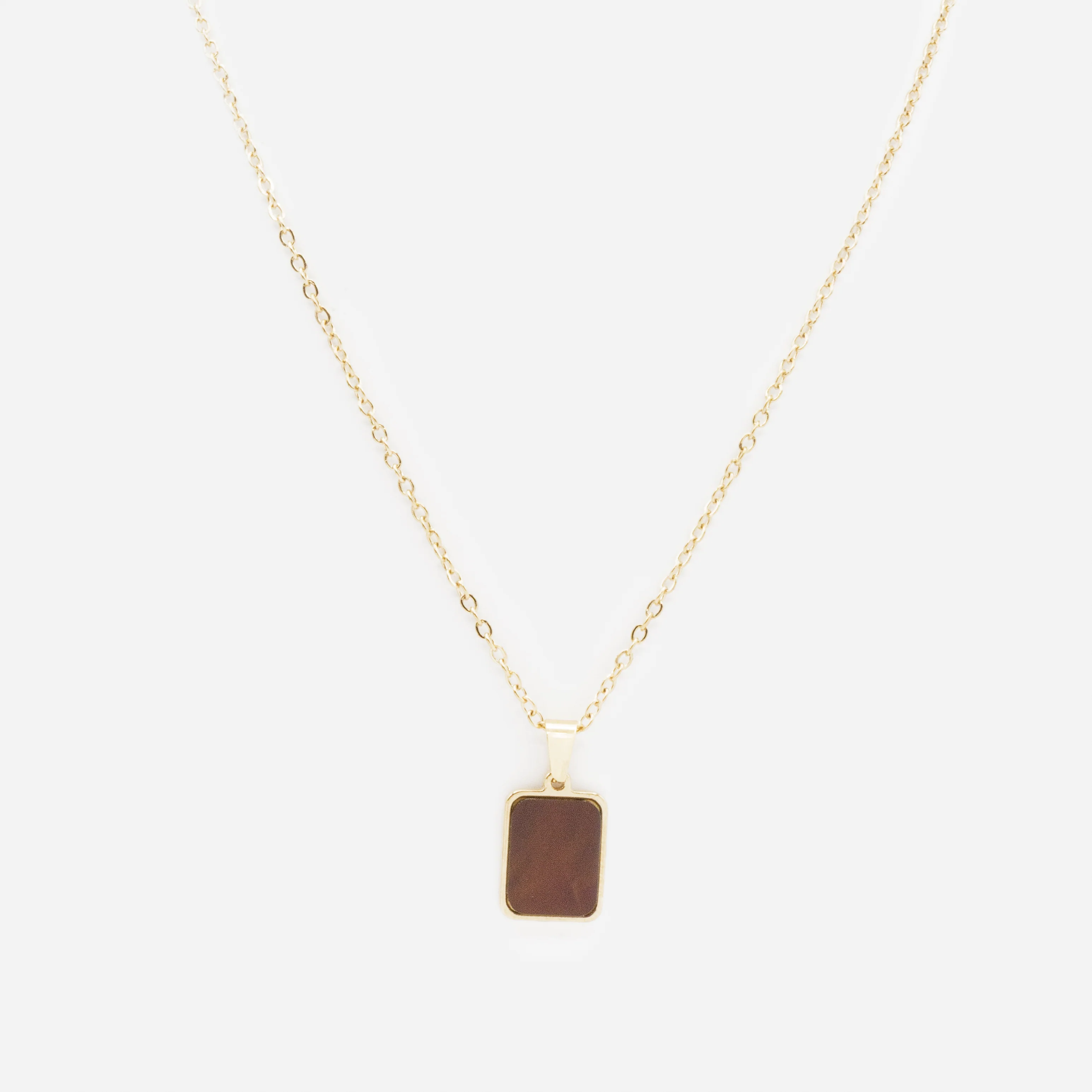 Collier doré avec breloque rectangulaire brun nacré en acier inoxydable