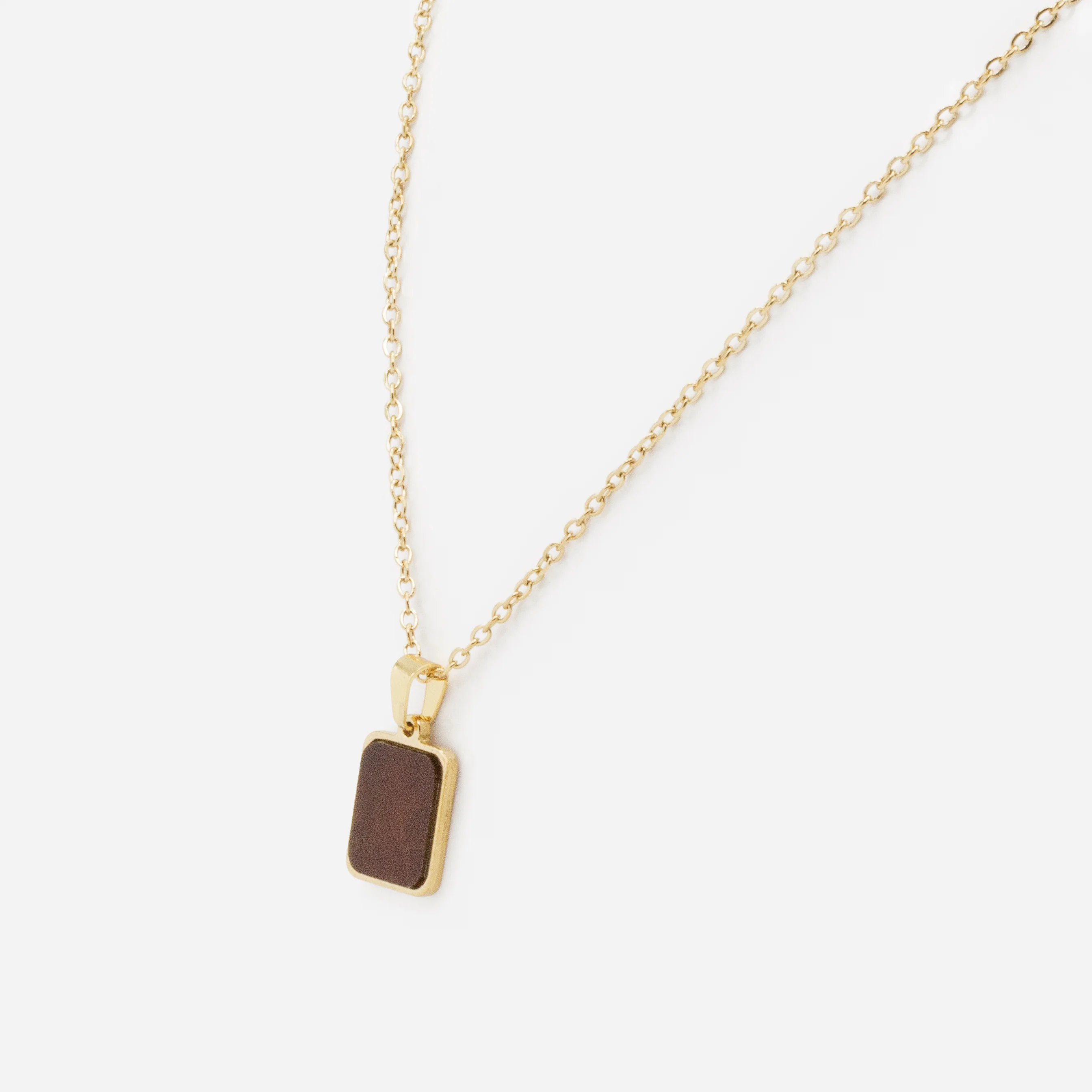 Collier doré avec breloque rectangulaire brun nacré en acier inoxydable - Image 2