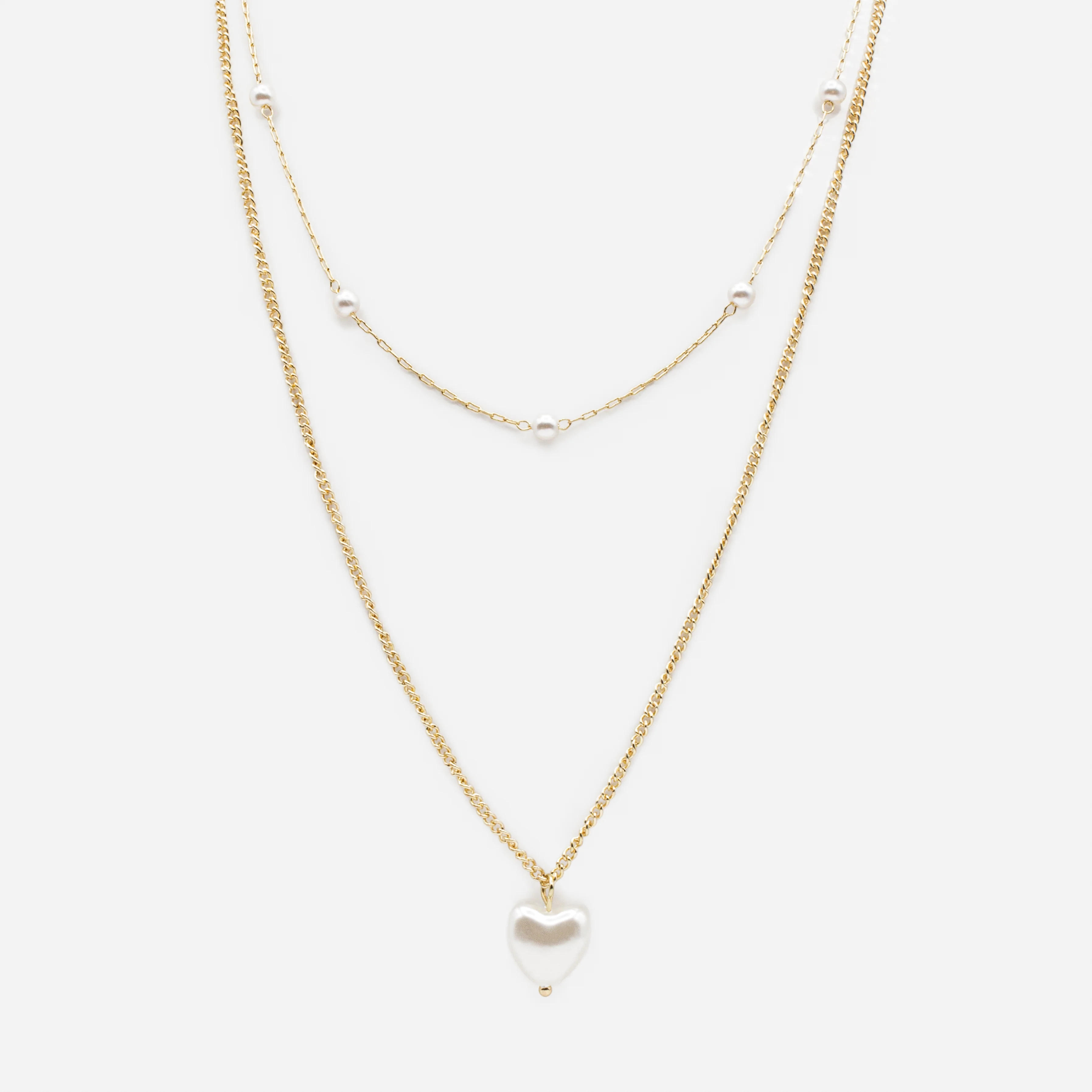 Collier doré double chaîne pendentif perle en coeur