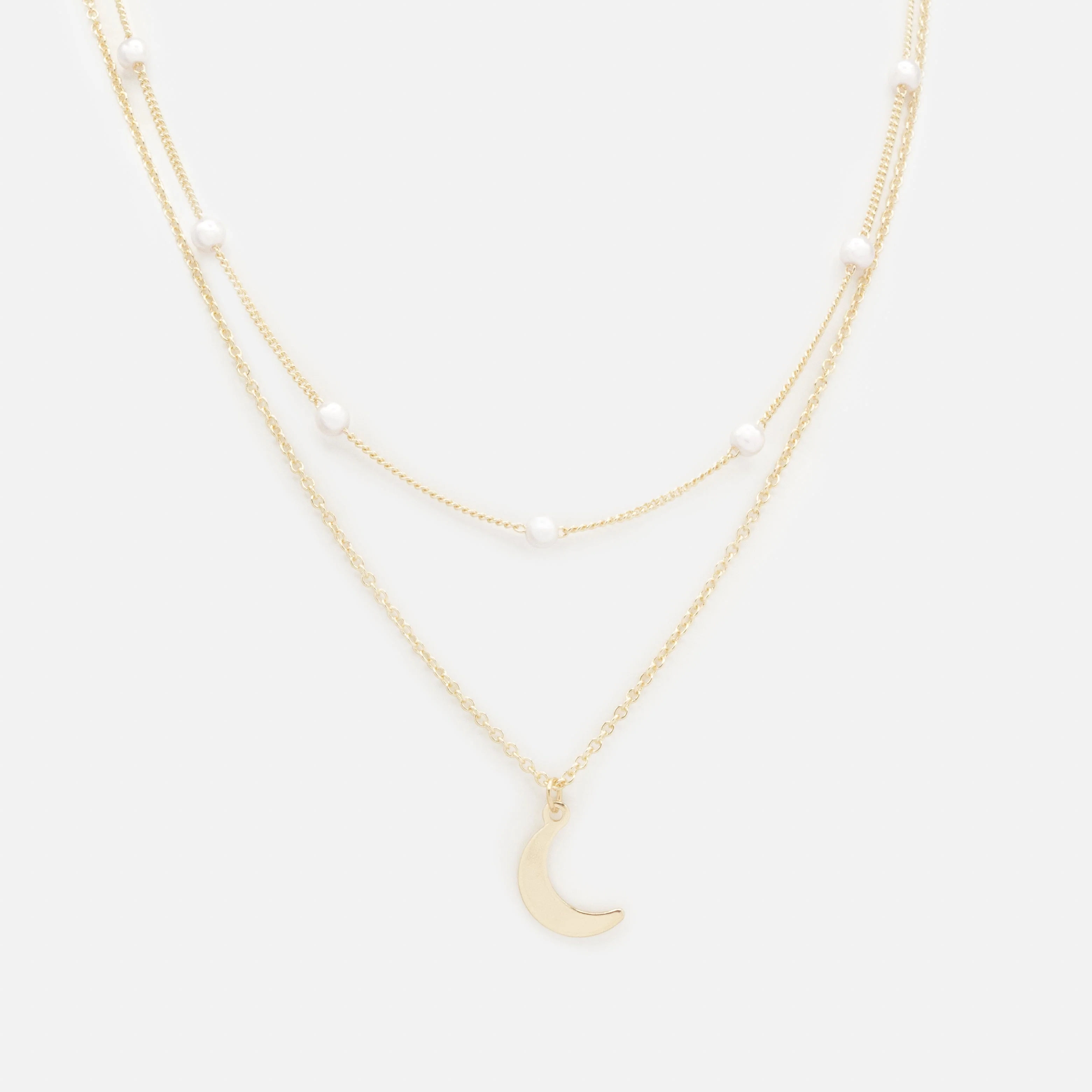 Collier doré double chaîne perles & breloque lune