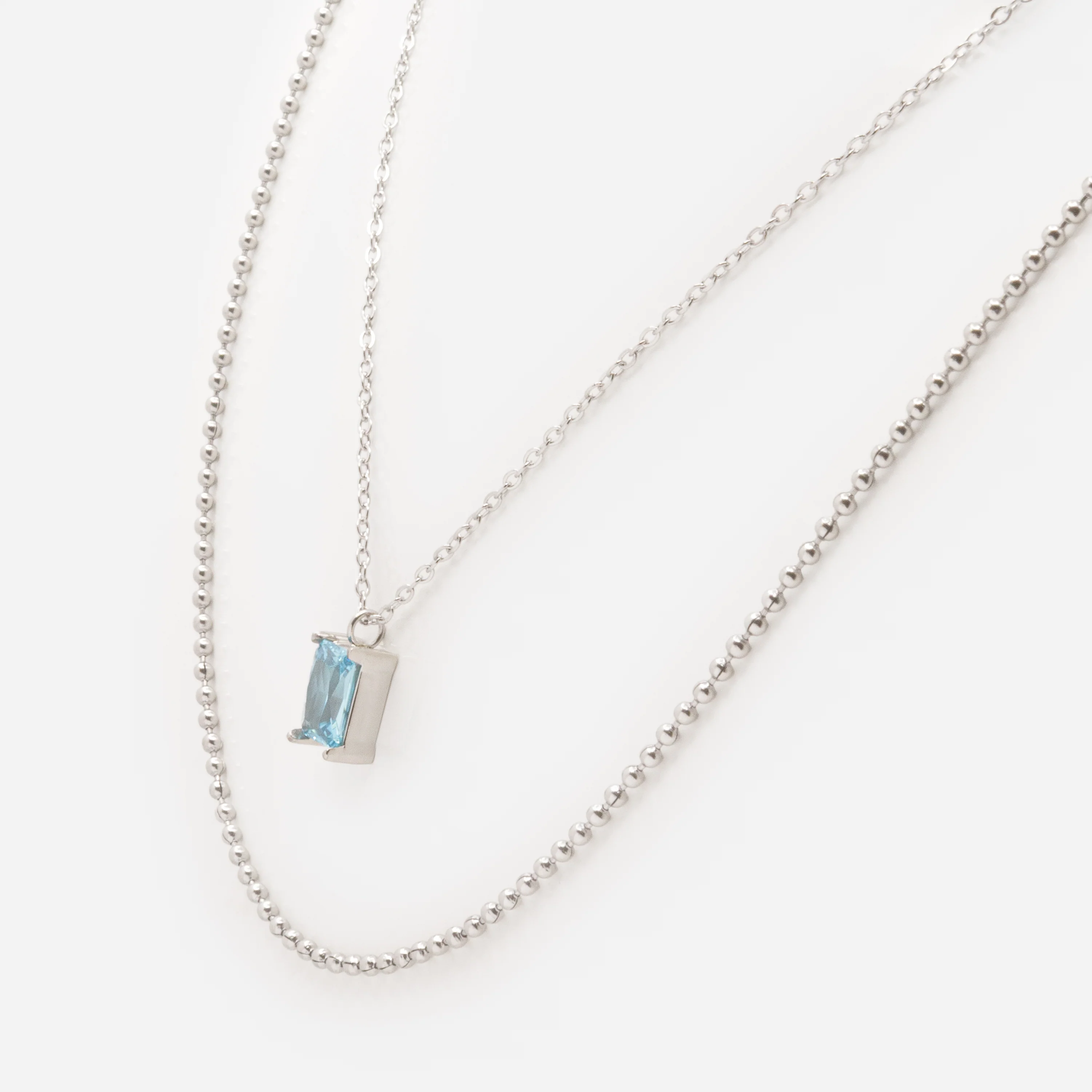 Collier argenté double chaîne avec pierre bleue en acier inoxydable - Image 2