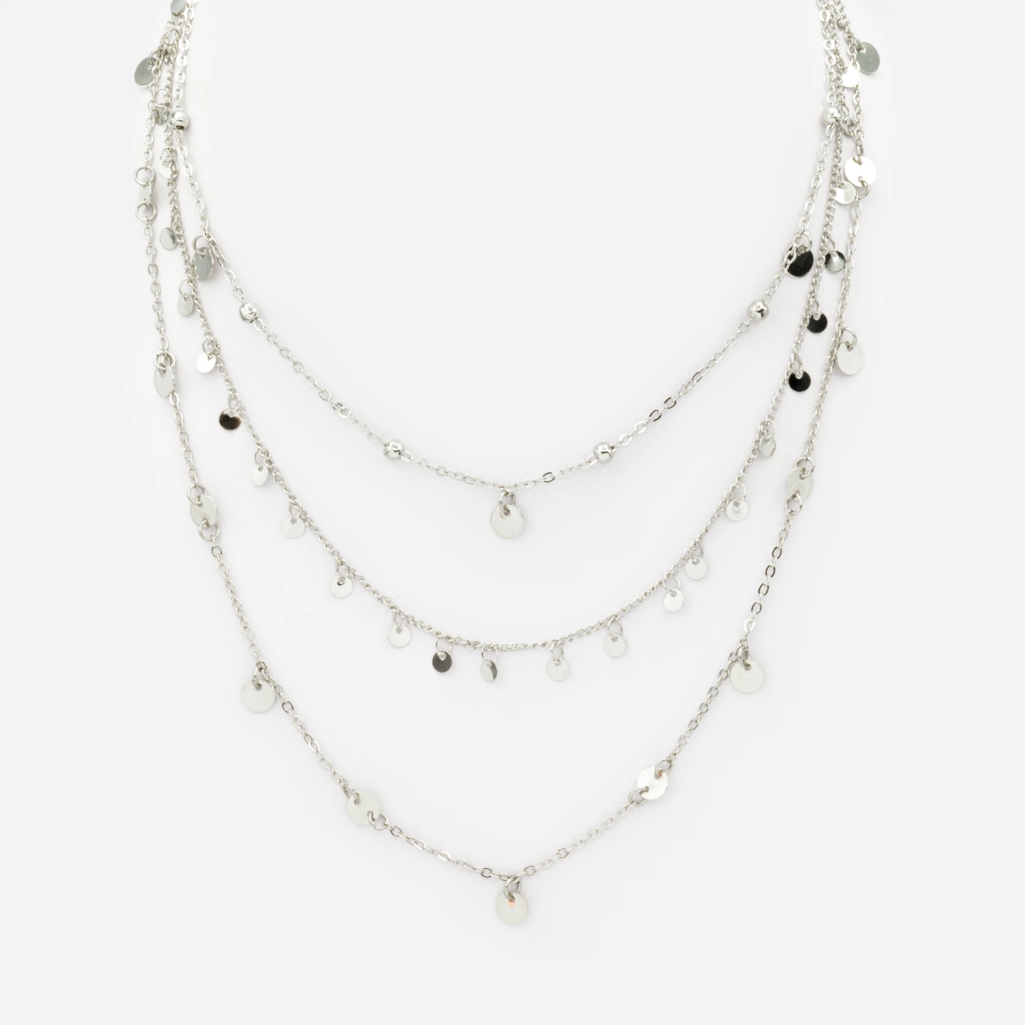 Collier triple chaîne avec billes et disques argentés