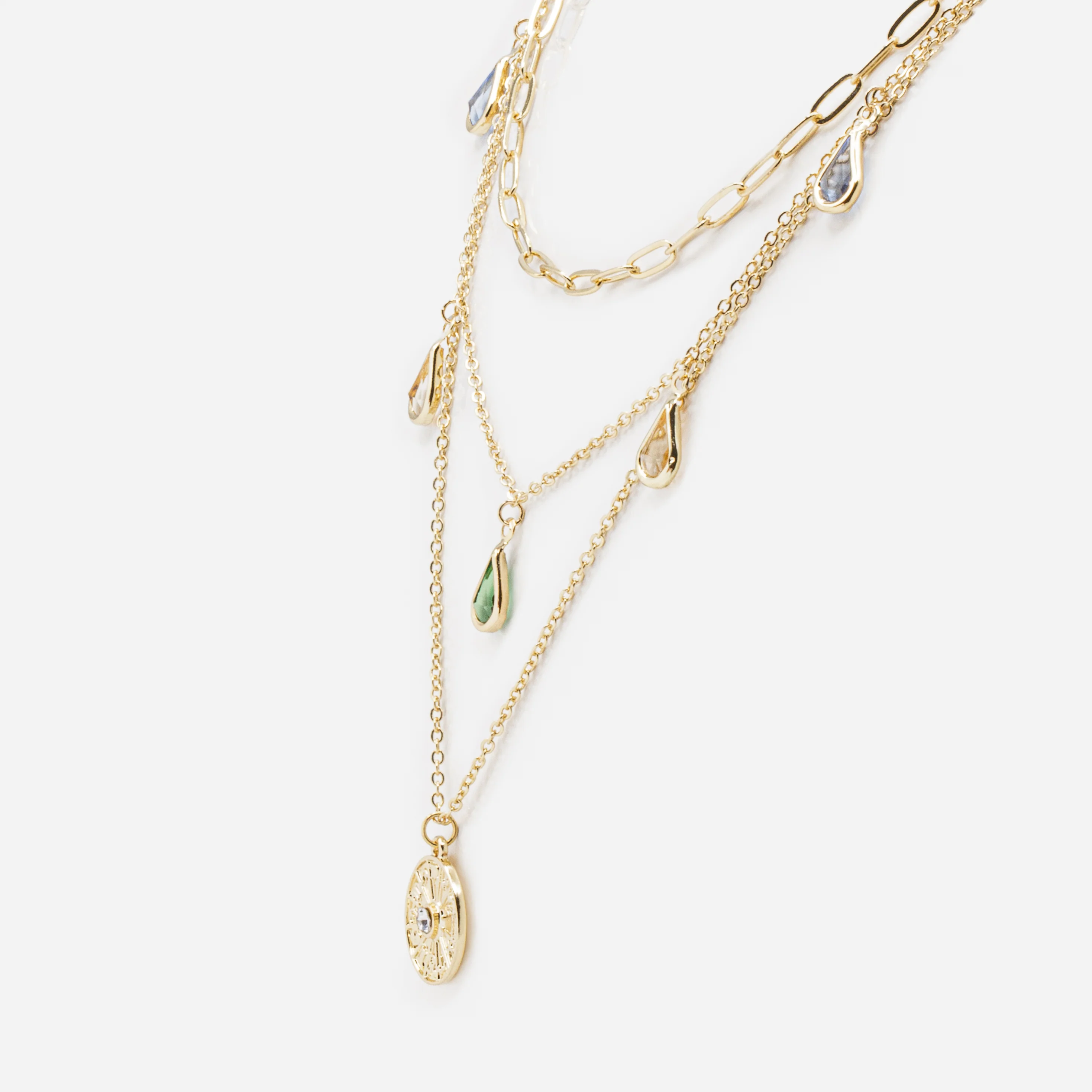 Collier triple chaîne dorée breloques pierres colorées et disque avec signes astrologiques - Image 2