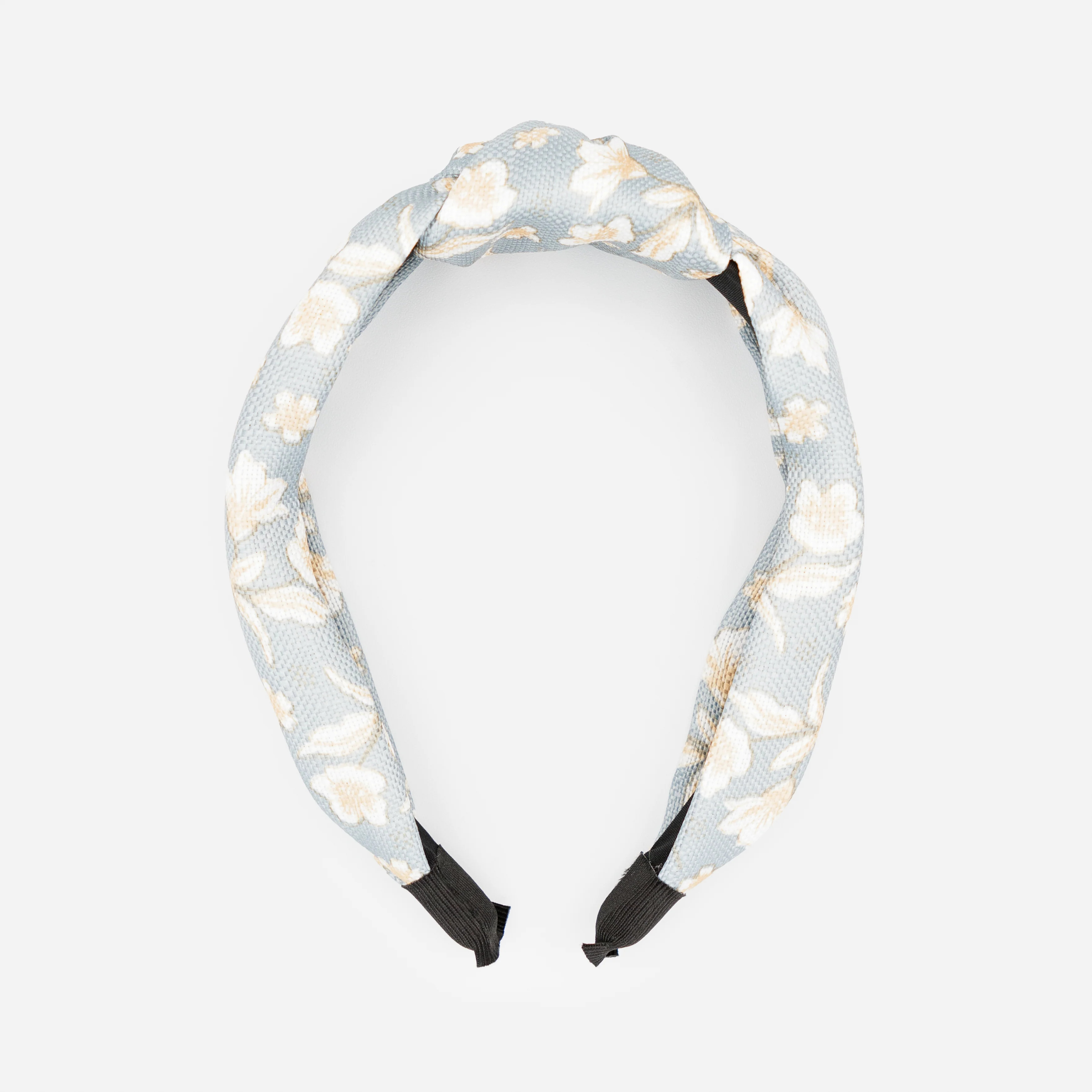 Bandeau bleu-gris avec fleurs beiges et noeud - Image 2