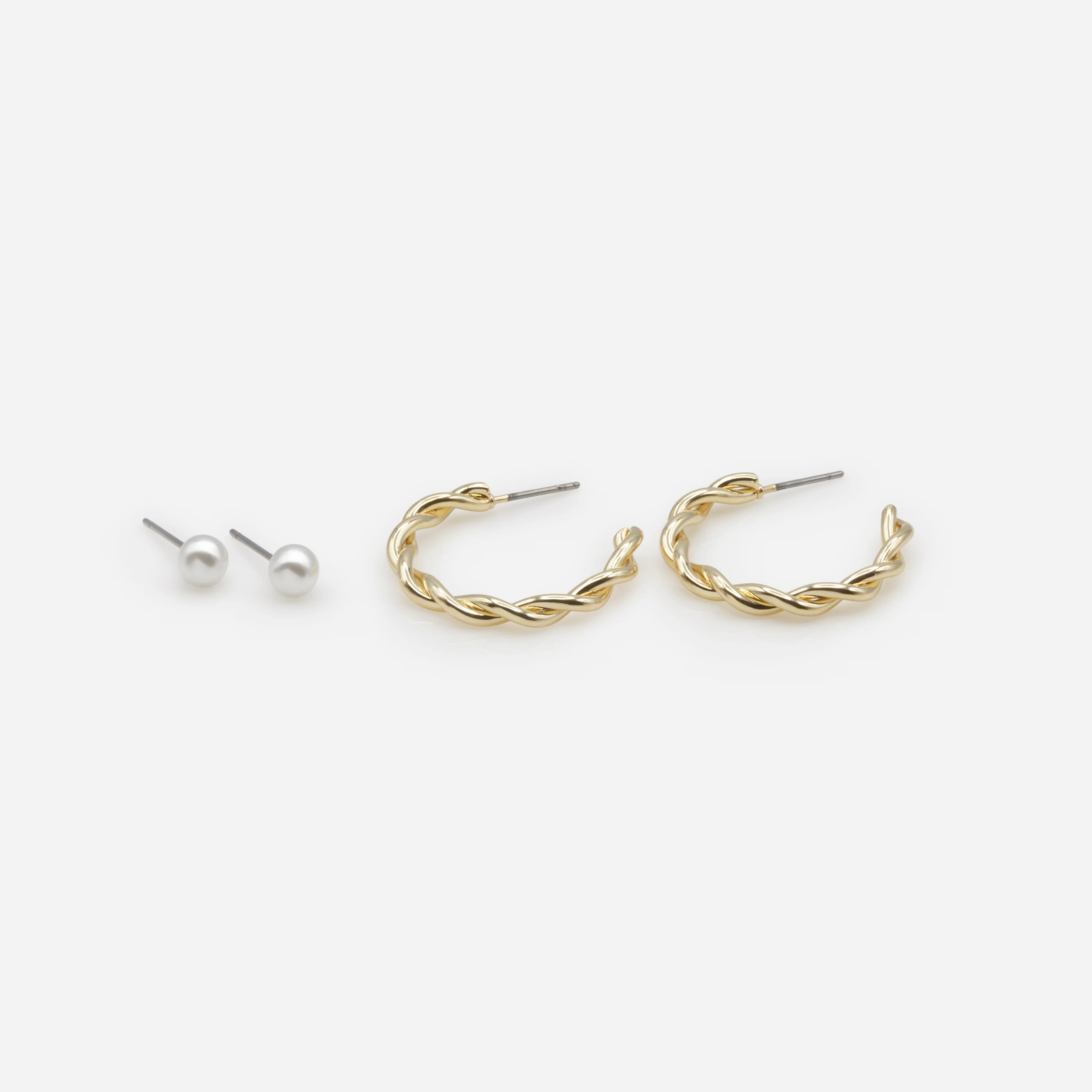 Duo de boucles d'oreilles perles et anneaux dorés torsadés - Image 2