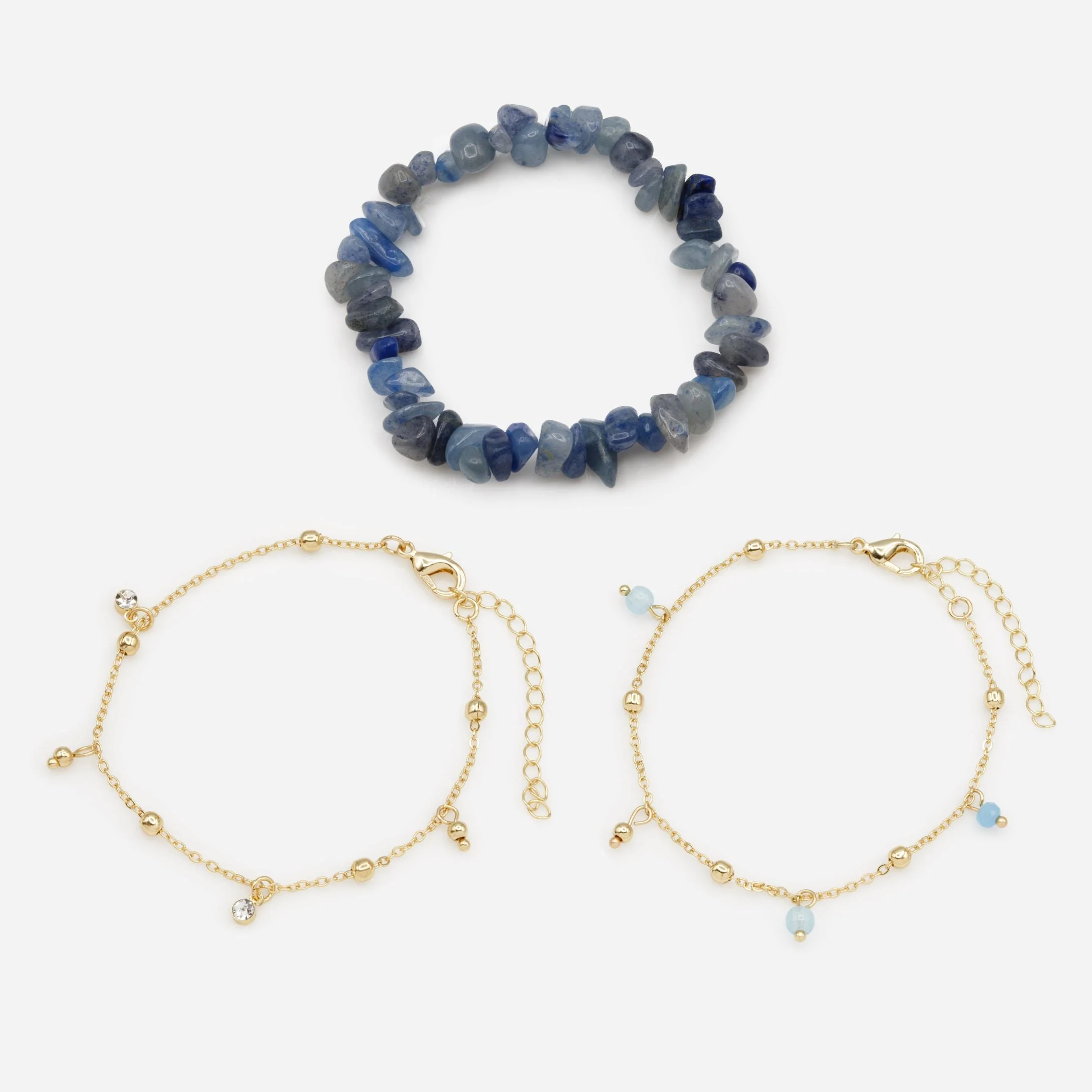 Trio de bracelets dorés pierres et billes bleues
