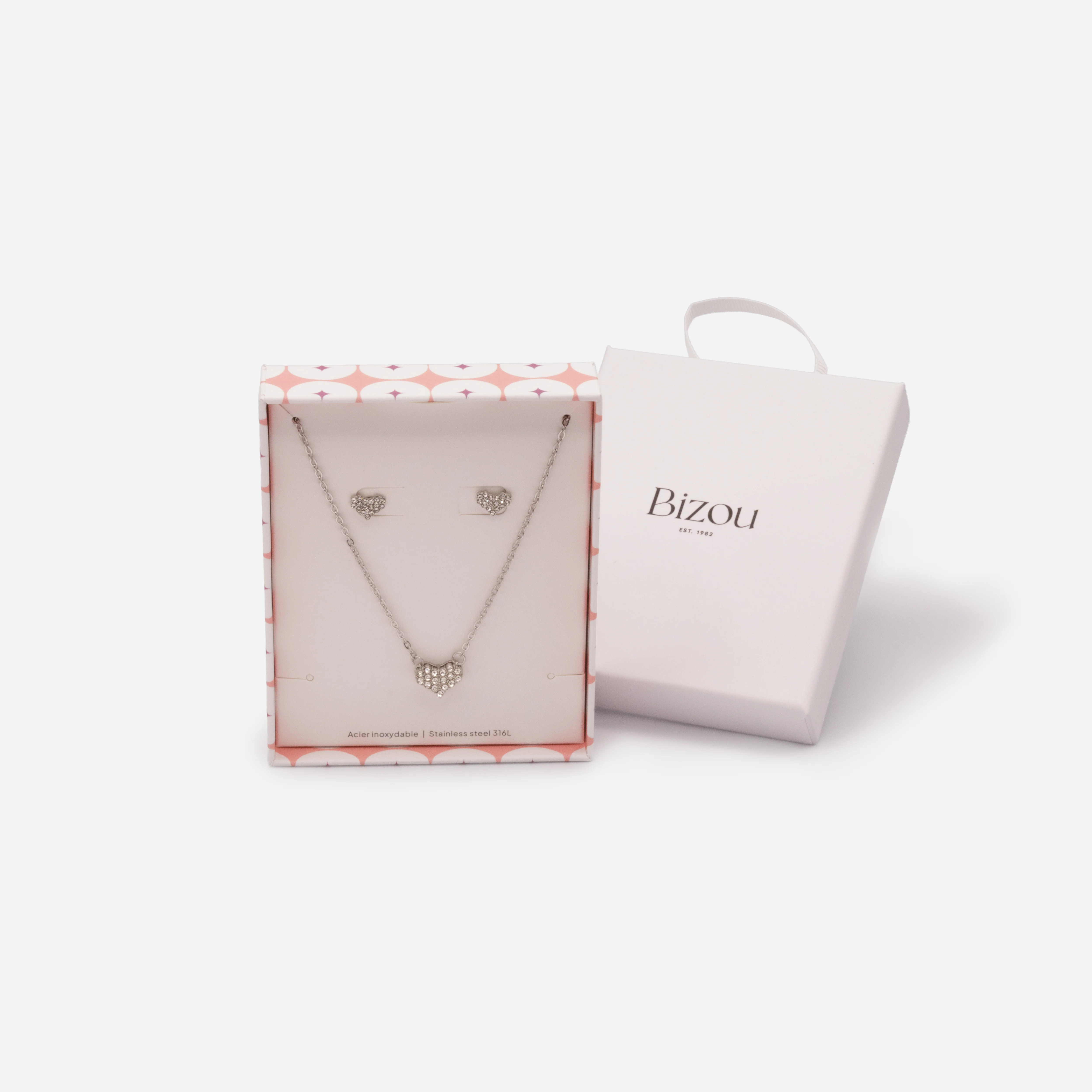 Ensemble collier et boucles d'oreilles coeurs argent avec zircons cubiques en acier inoxydable - Image 5