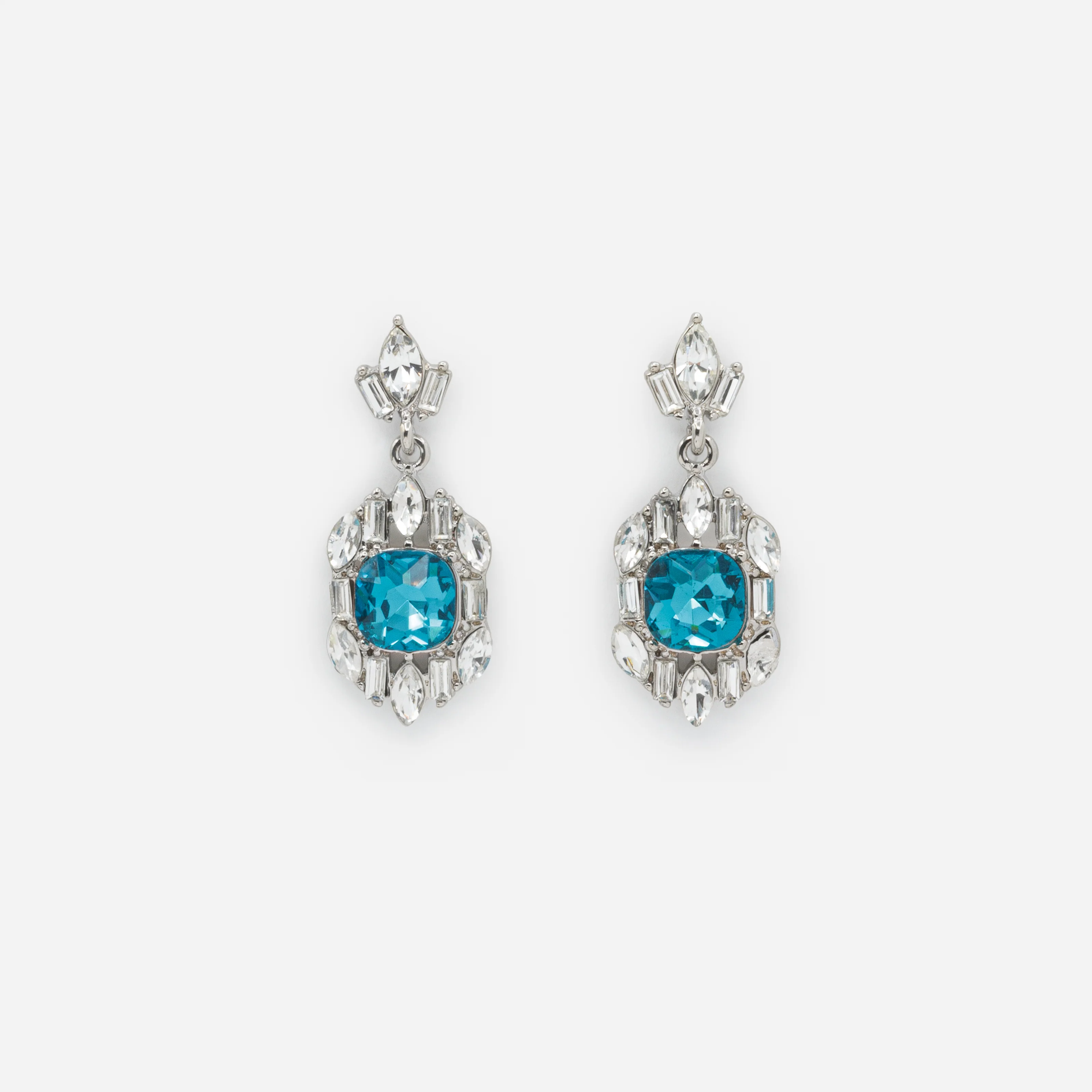 Ensemble collier et boucles d'oreilles pendantes argentés avec pierres blanches et turquoise - Image 3