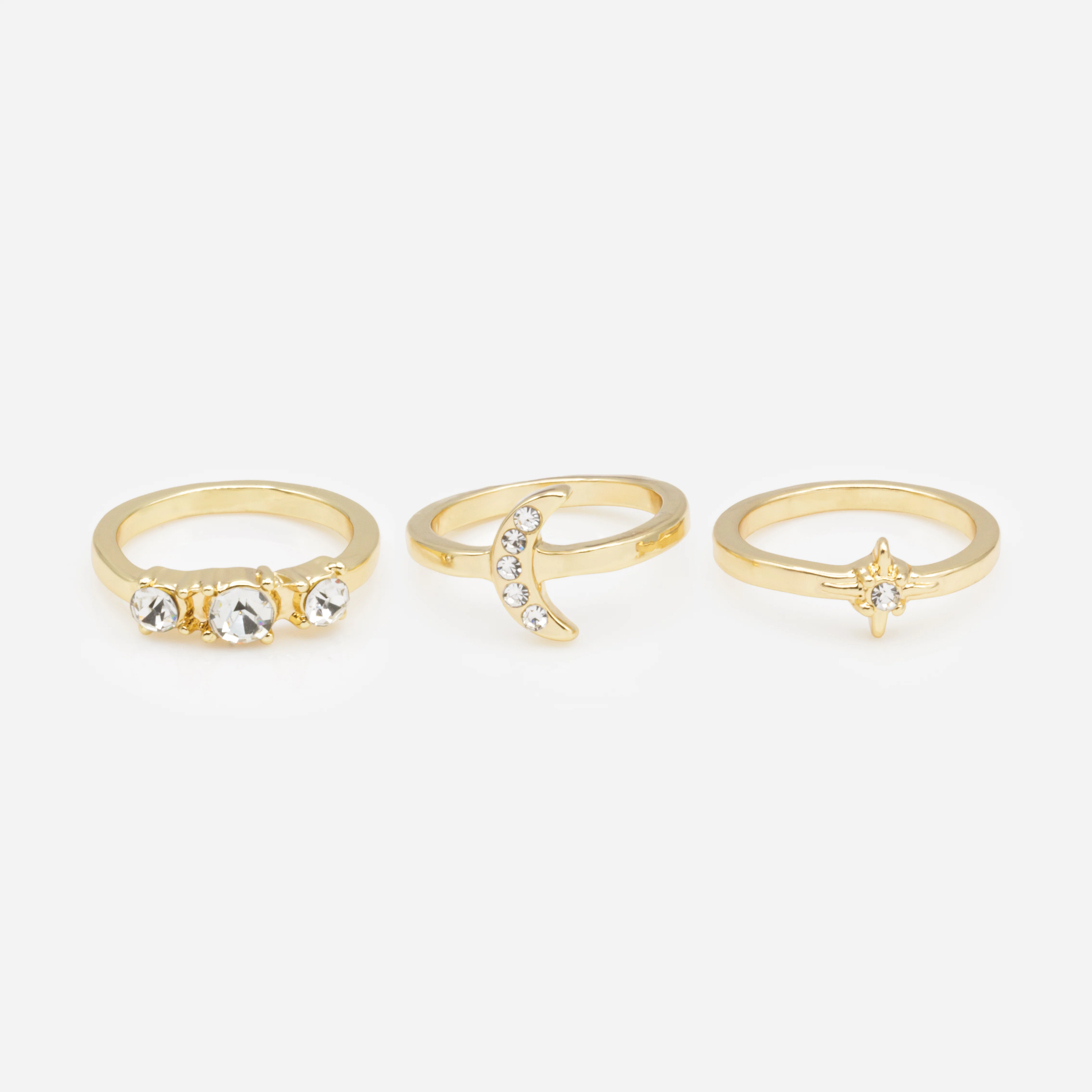 Trio de bagues dorées lune et étoile avec zircons cubiques