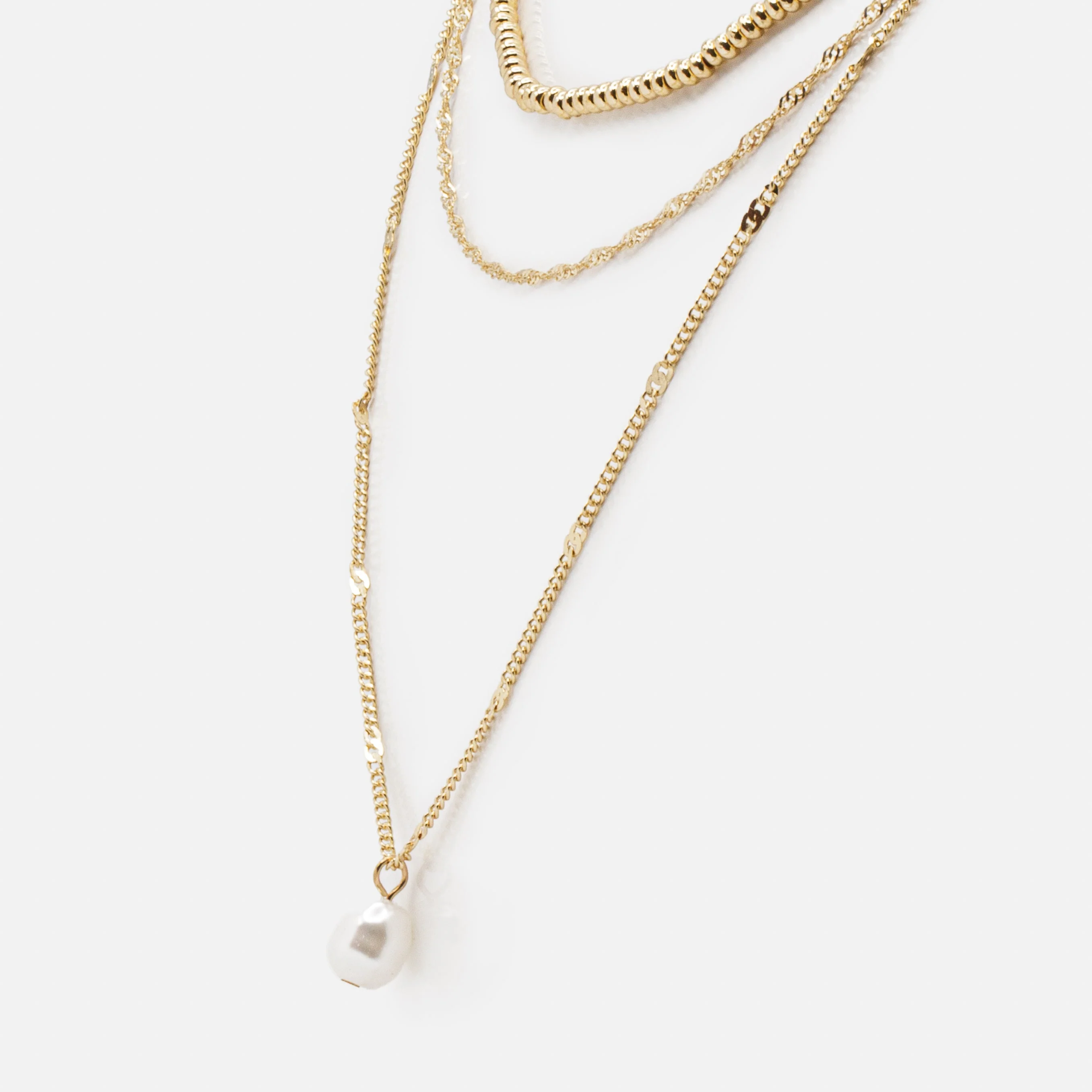 Collier triple chaîne pendentif perle synthétique et billes dorées - Image 2
