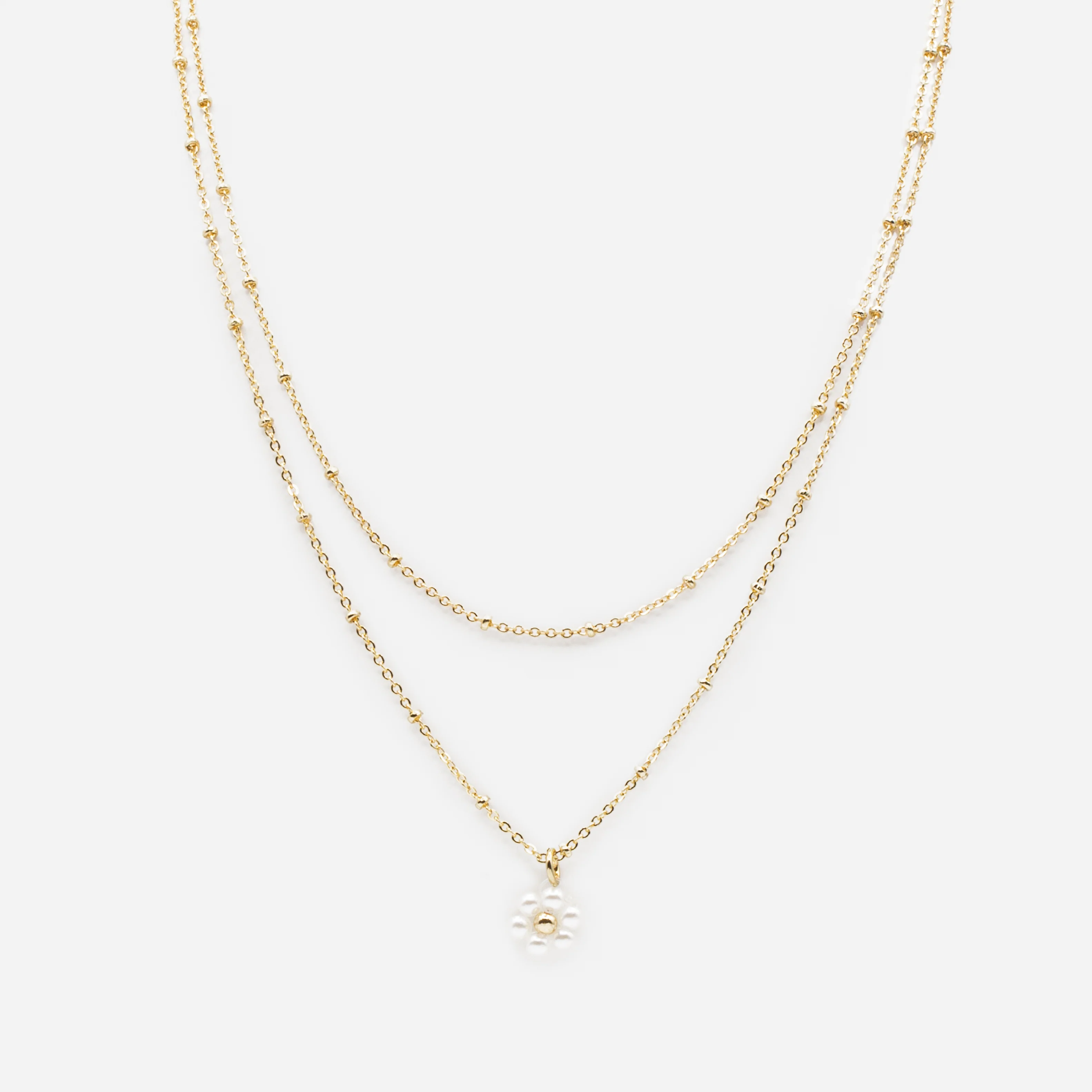 Ensemble de deux colliers dorés pendentif fleur en perles