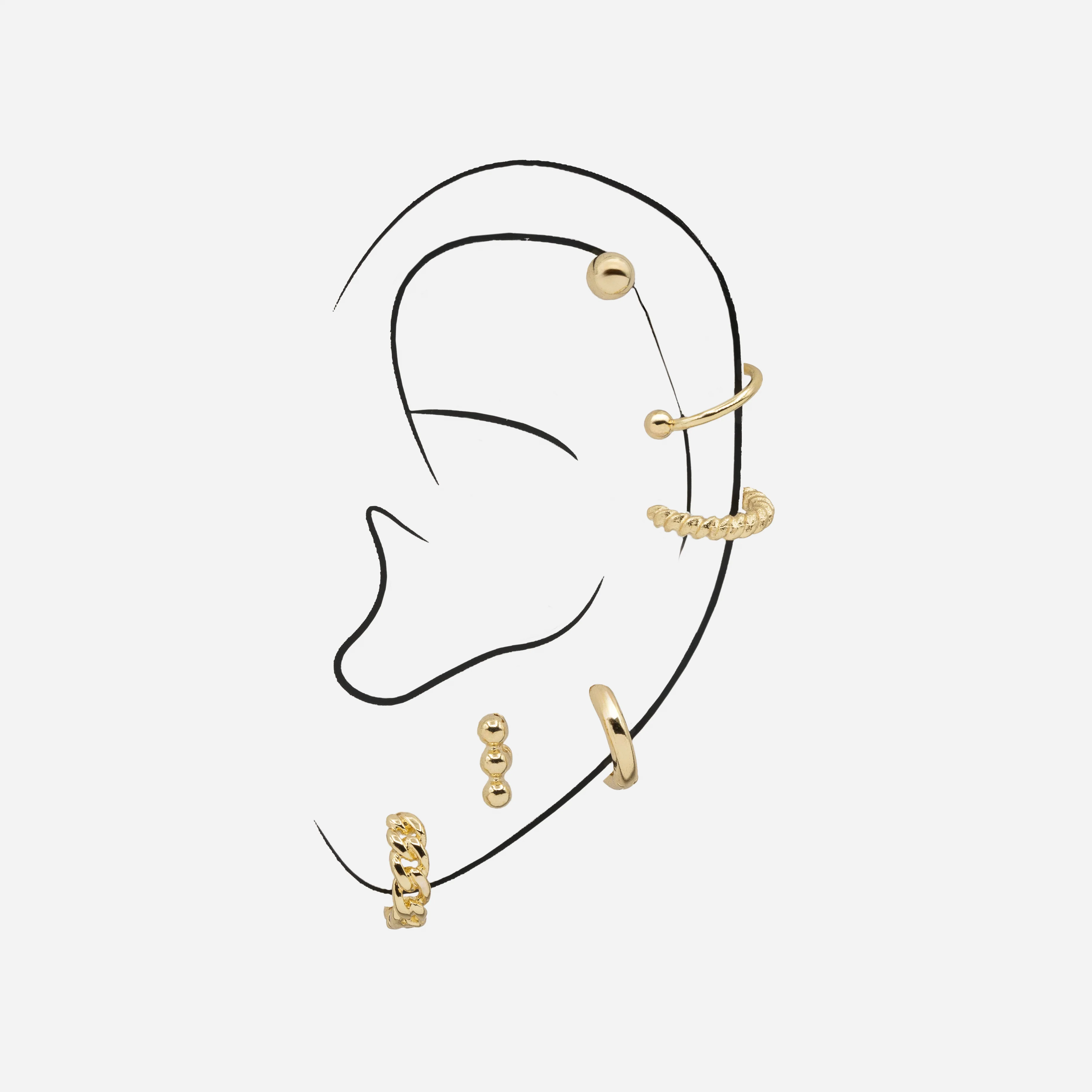 Ensemble de quatre boucles d'oreilles et de deux manchettes dorées