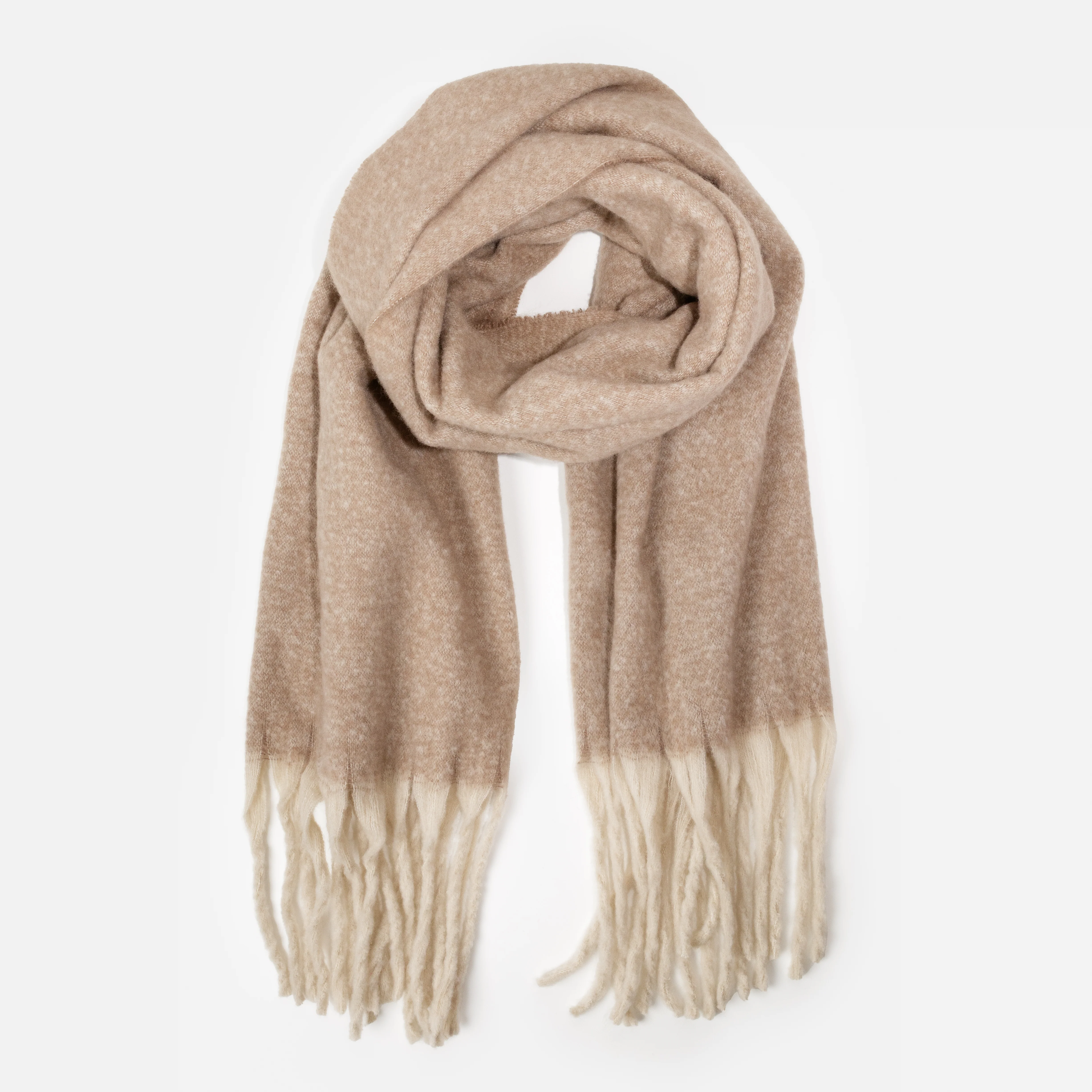 Foulard douillet beige à franges ivoire