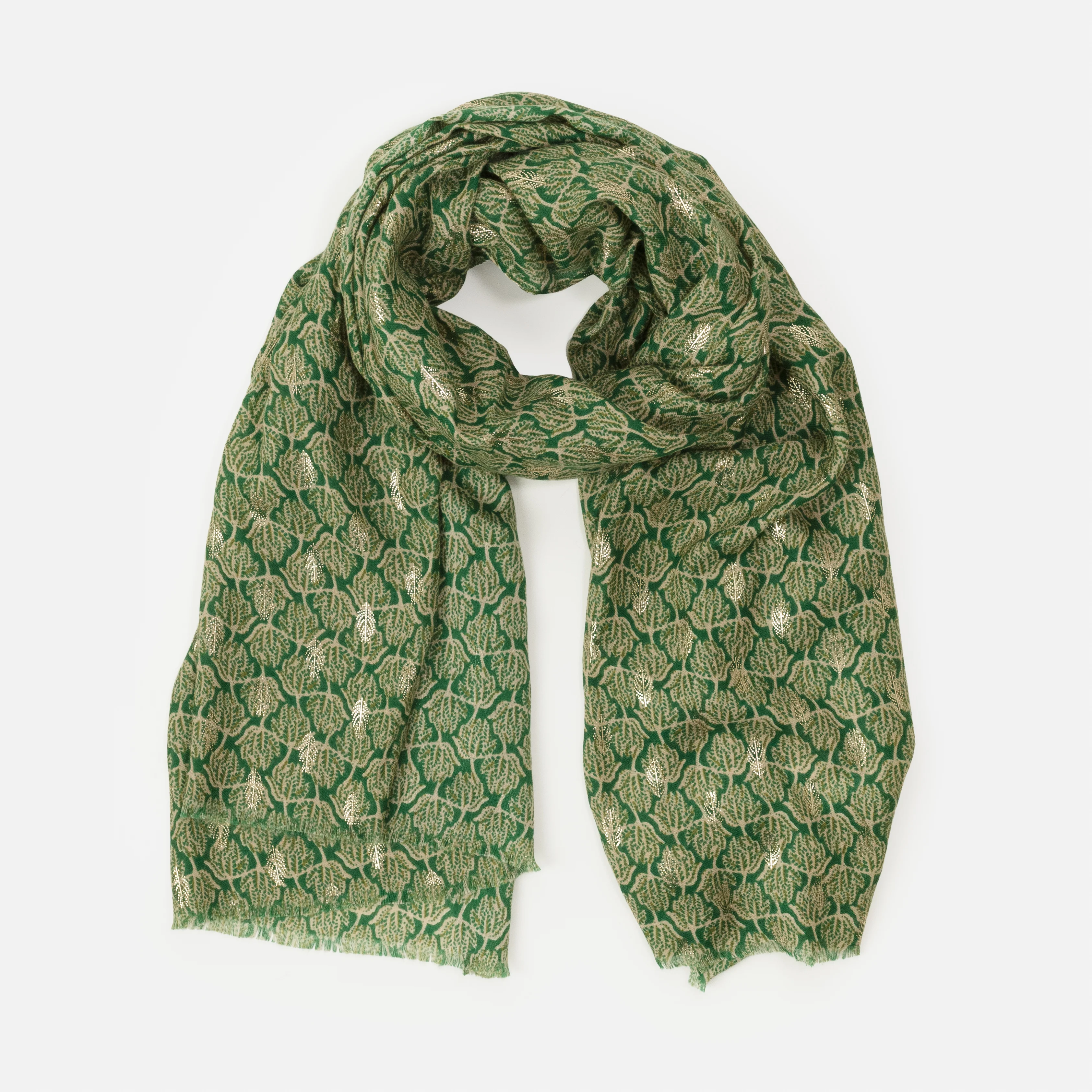 Foulard léger vert imprimé de feuilles avec touches dorées