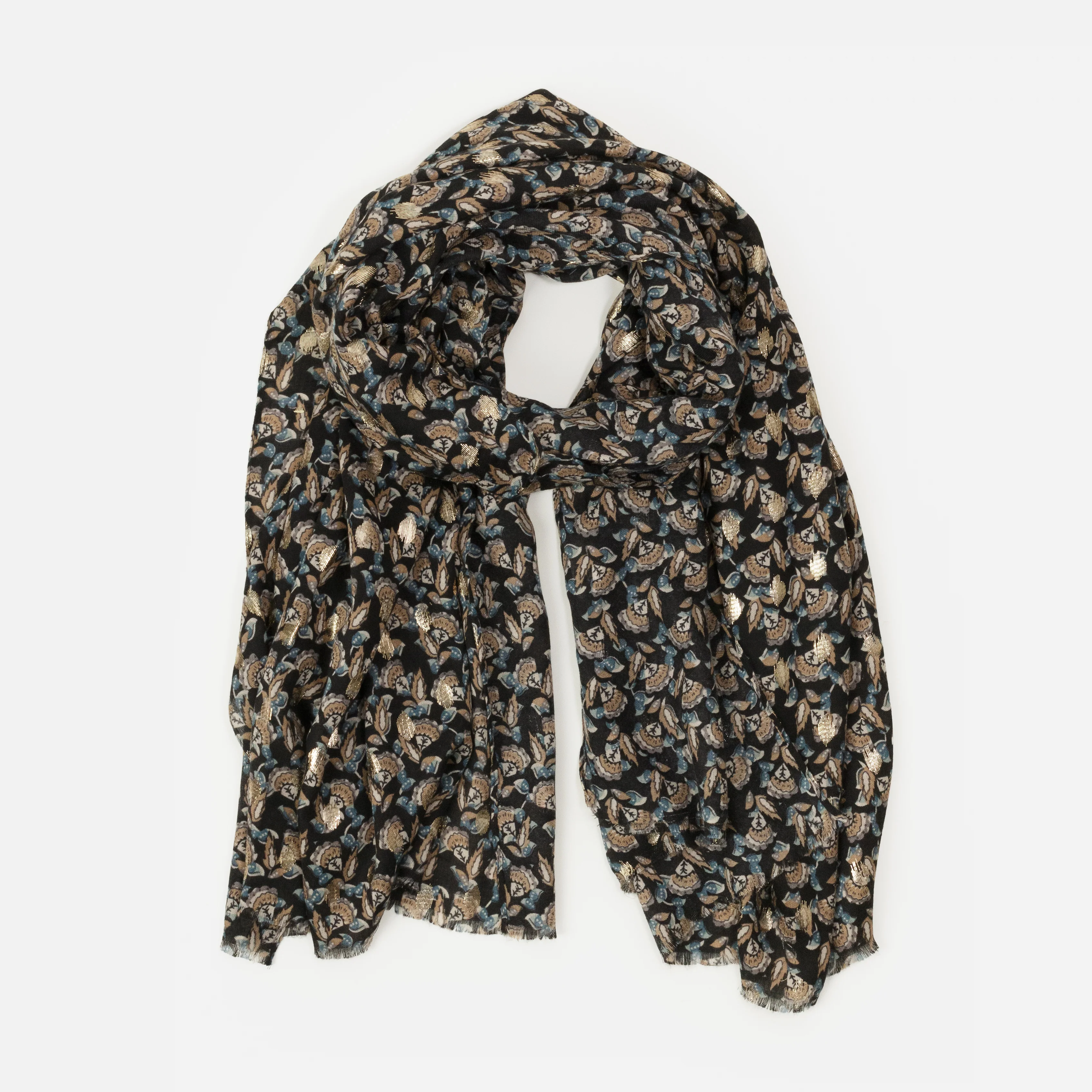 Foulard léger marine et beige à imprimé floral avec touches dorées