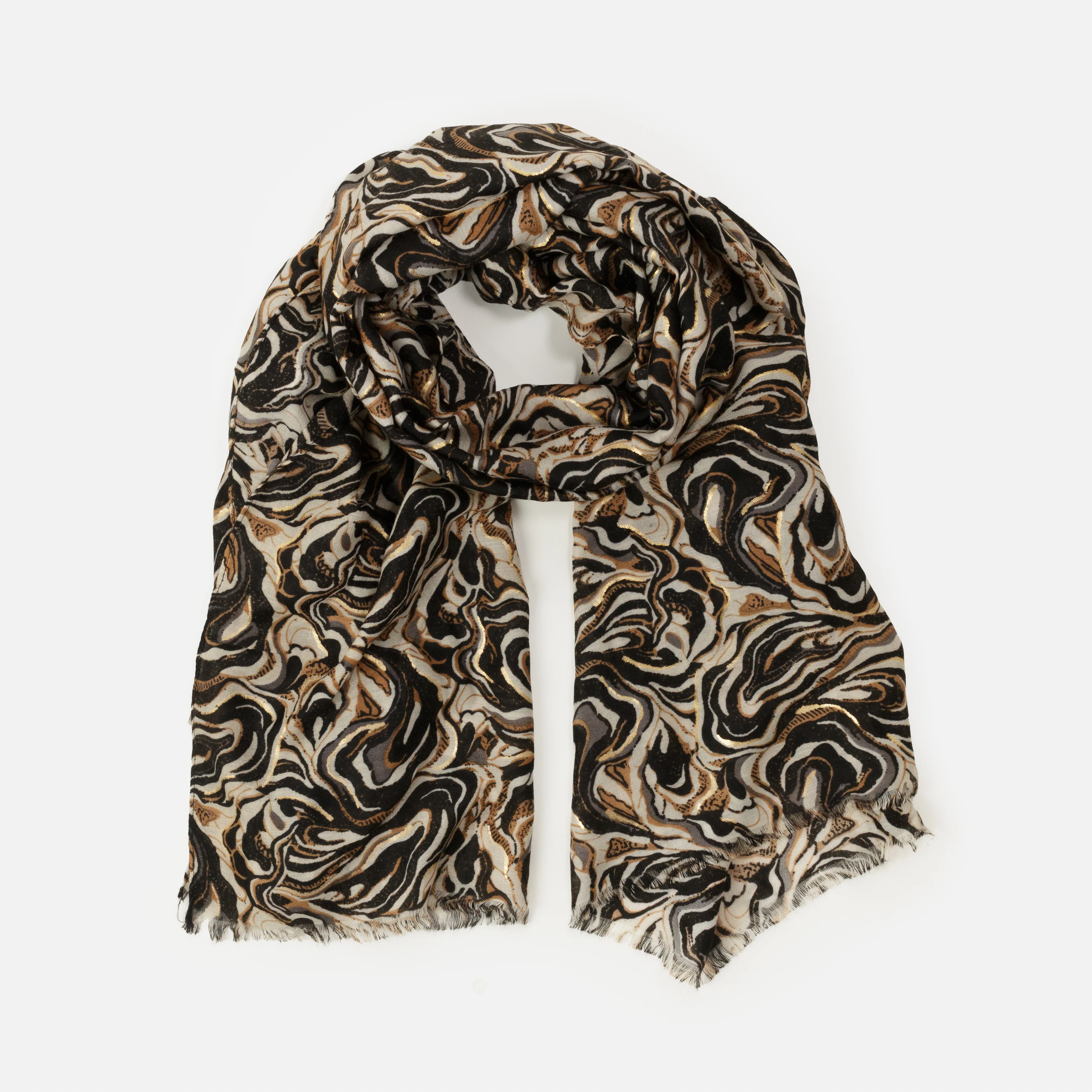 Foulard léger imprimé à motif abstrait noir et brun avec touches dorées