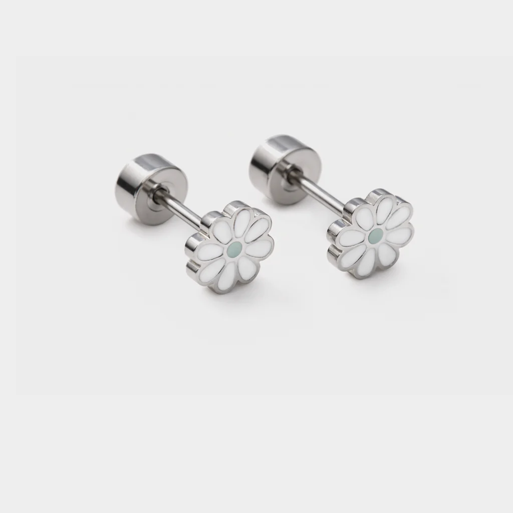 Mini boucles d'oreilles argentées fleurs blanches en acier inoxydable - Image 2
