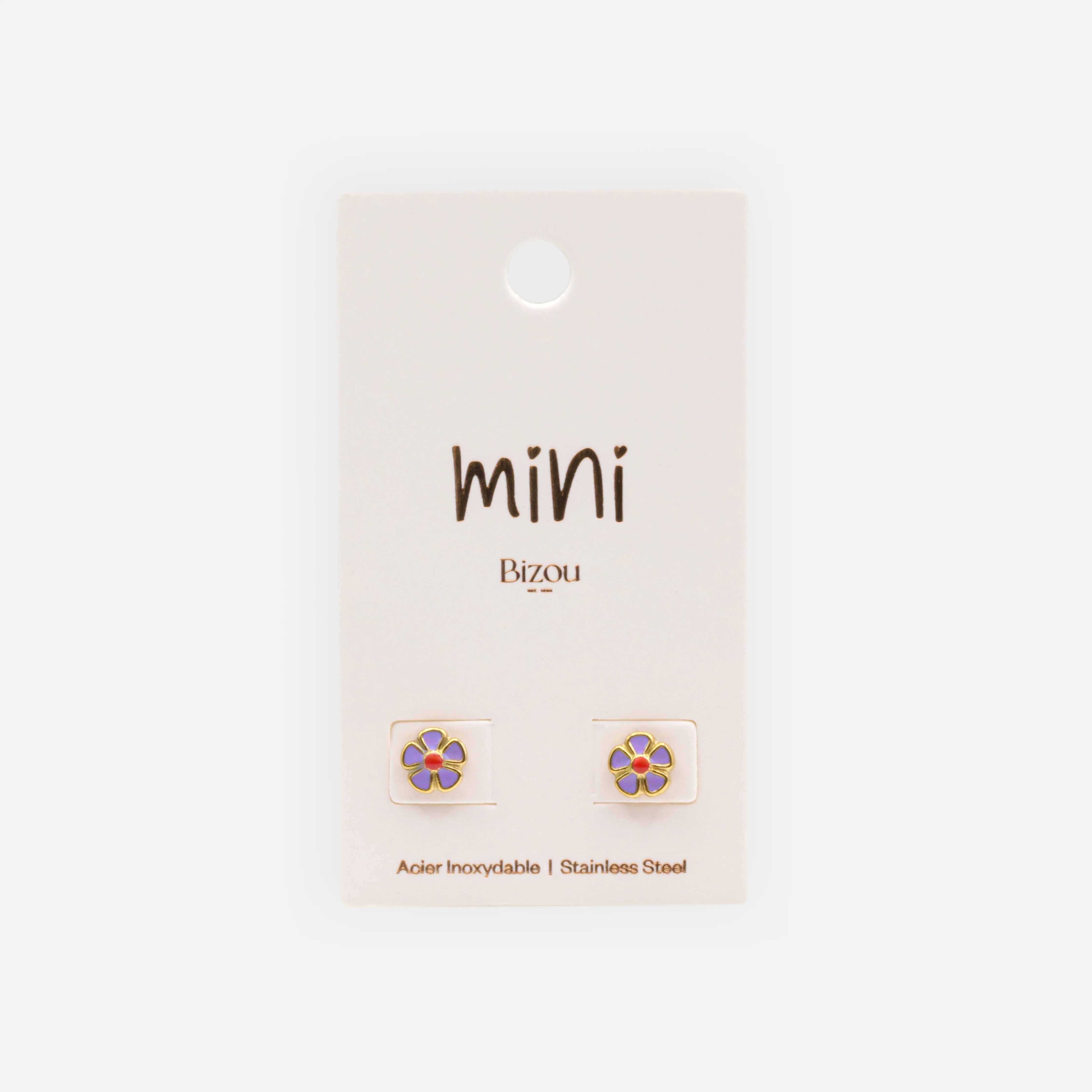 Mini boucles d'oreilles dorées fleurs mauves et rouges en acier inoxydable