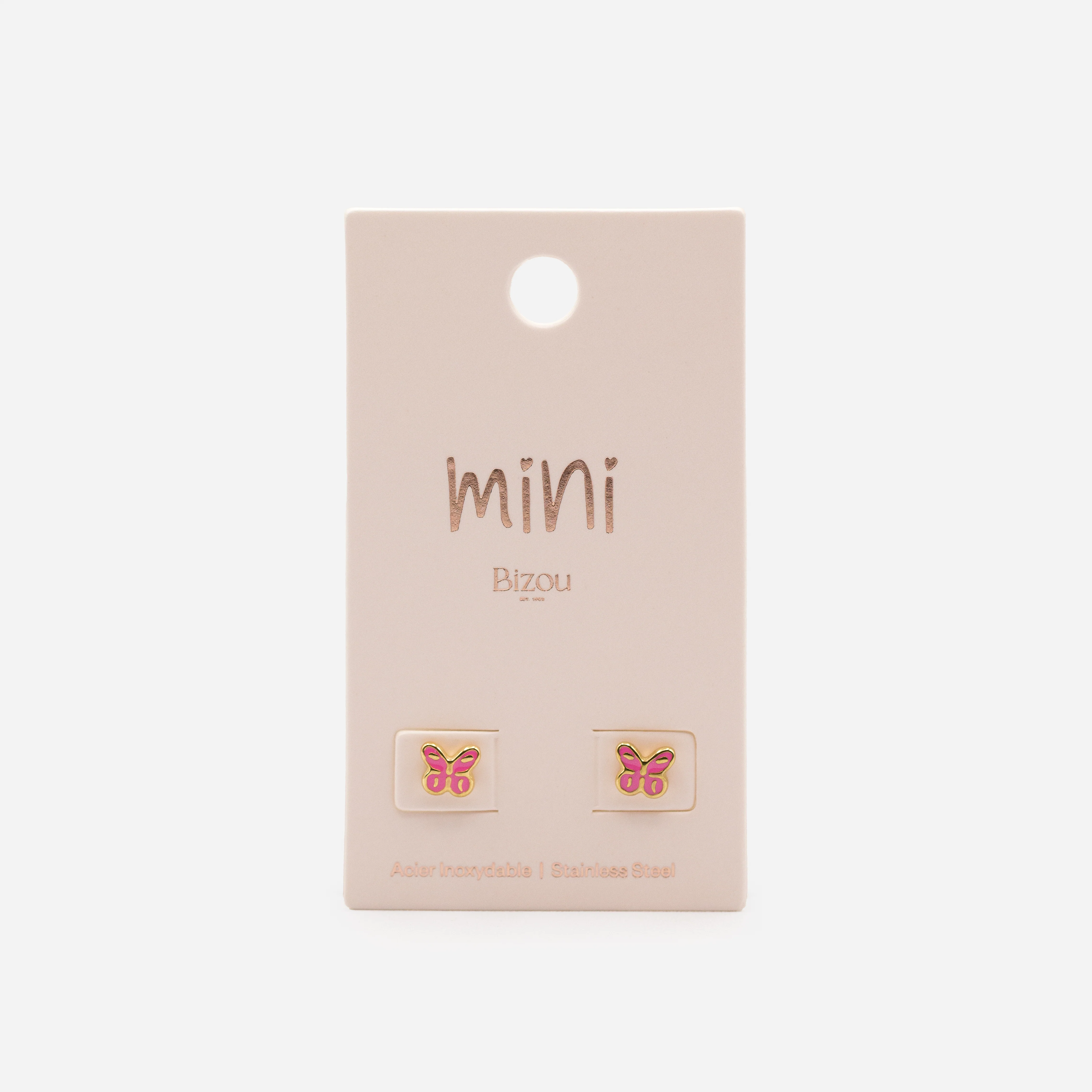 Mini boucles d'oreilles dorées papillons roses en acier inoxydable