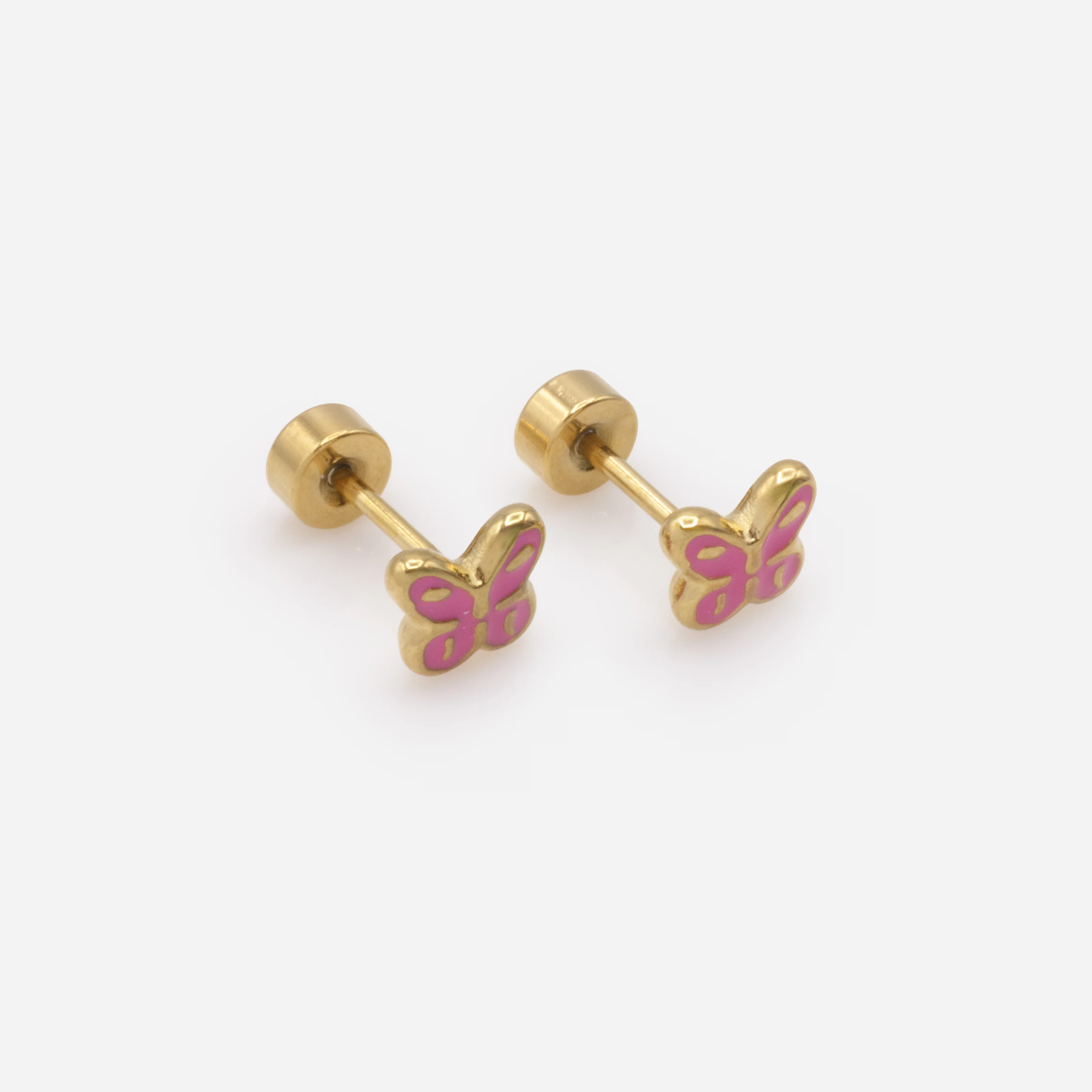 Mini boucles d'oreilles dorées papillons roses en acier inoxydable - Image 2