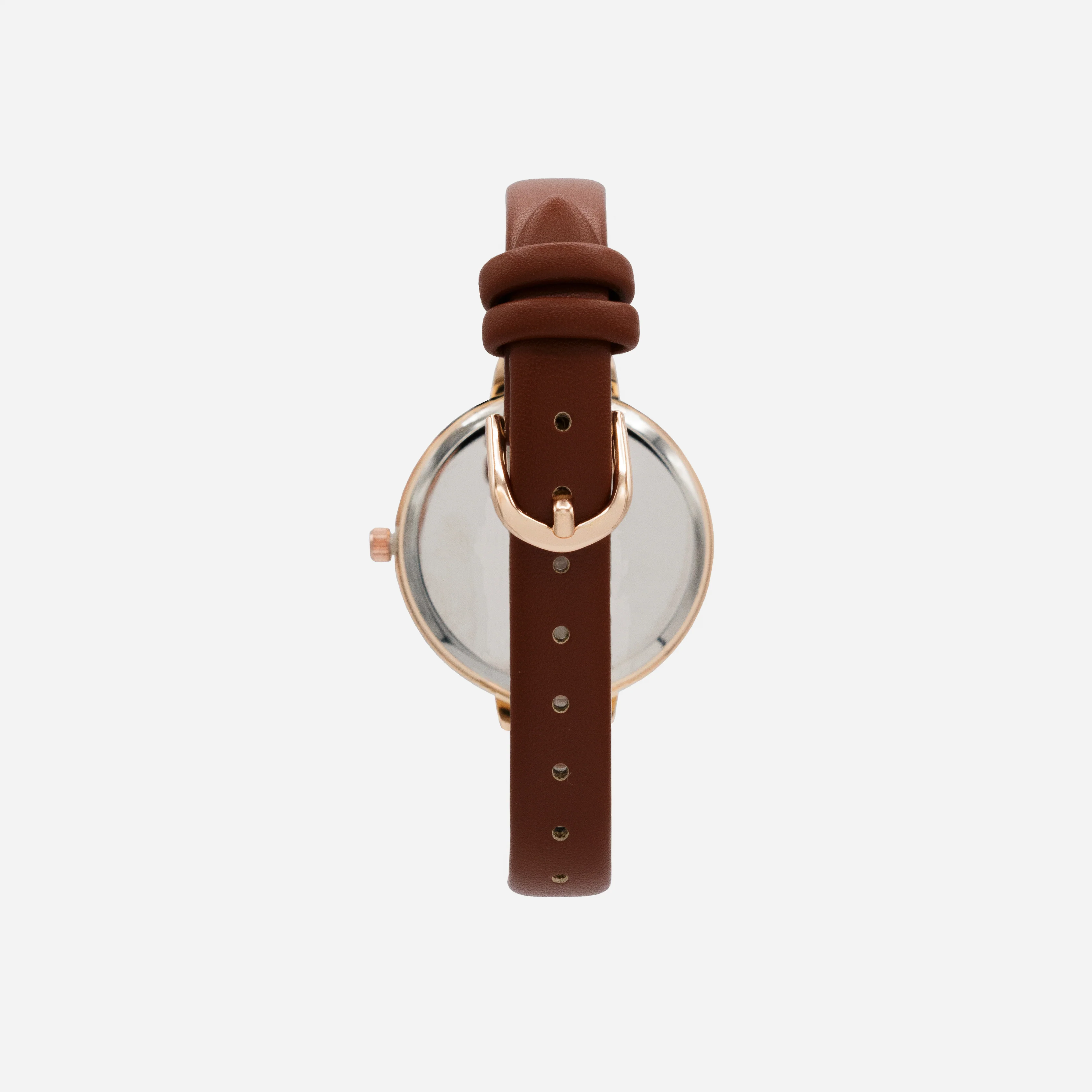 Montre brune en similicuir à boîtier rond rose doré et cadran blanc nacré - Image 2