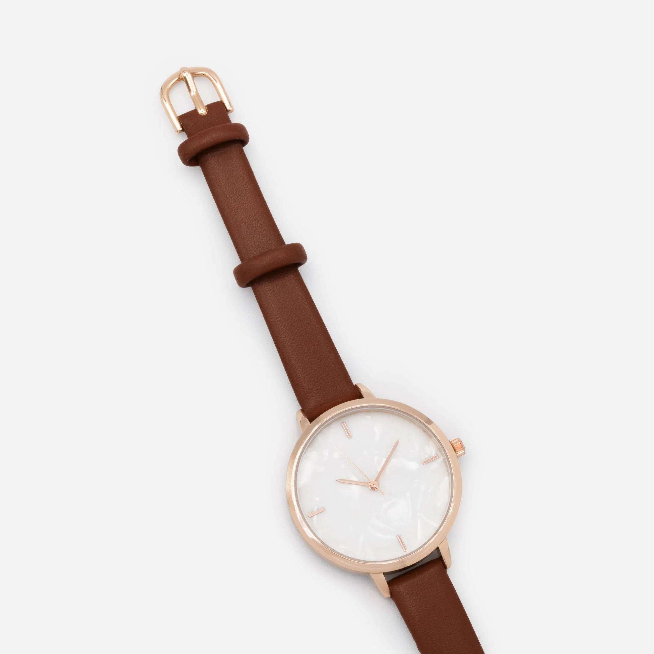 Montre brune en similicuir à boîtier rond rose doré et cadran blanc nacré - Image 3