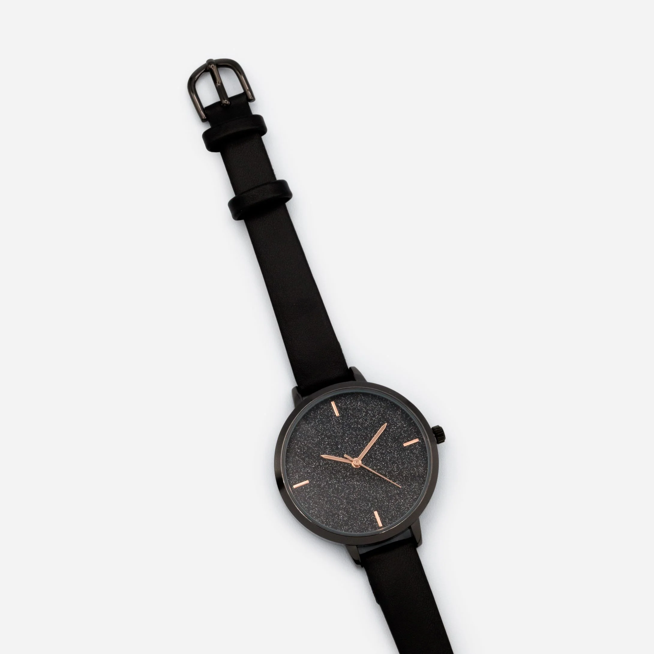Montre noire en similicuir à boîtier rond et cadran scintillant - Image 3