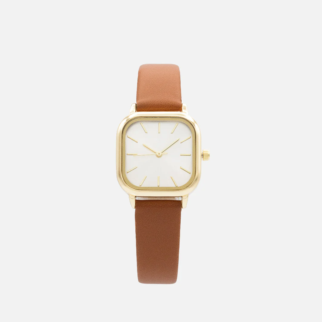 Montre caramel en similicuir à boîtier et cadran dorés