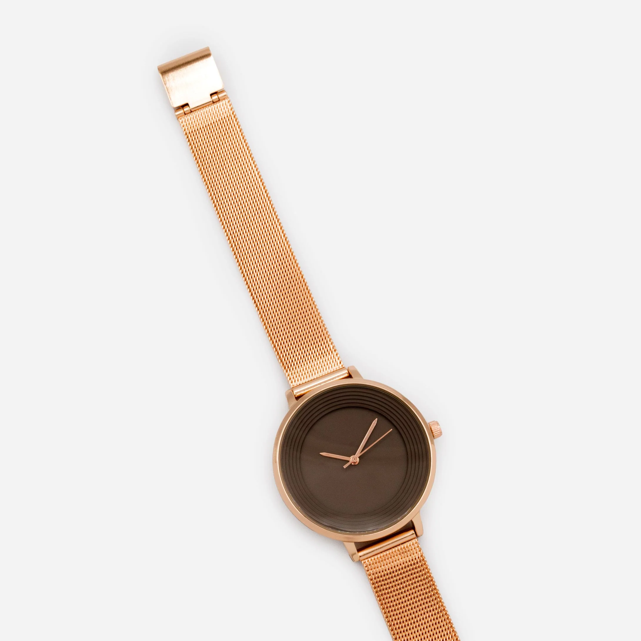 Montre rose doré à boîtier rond et cadran brun en acier inoxydable - Image 3