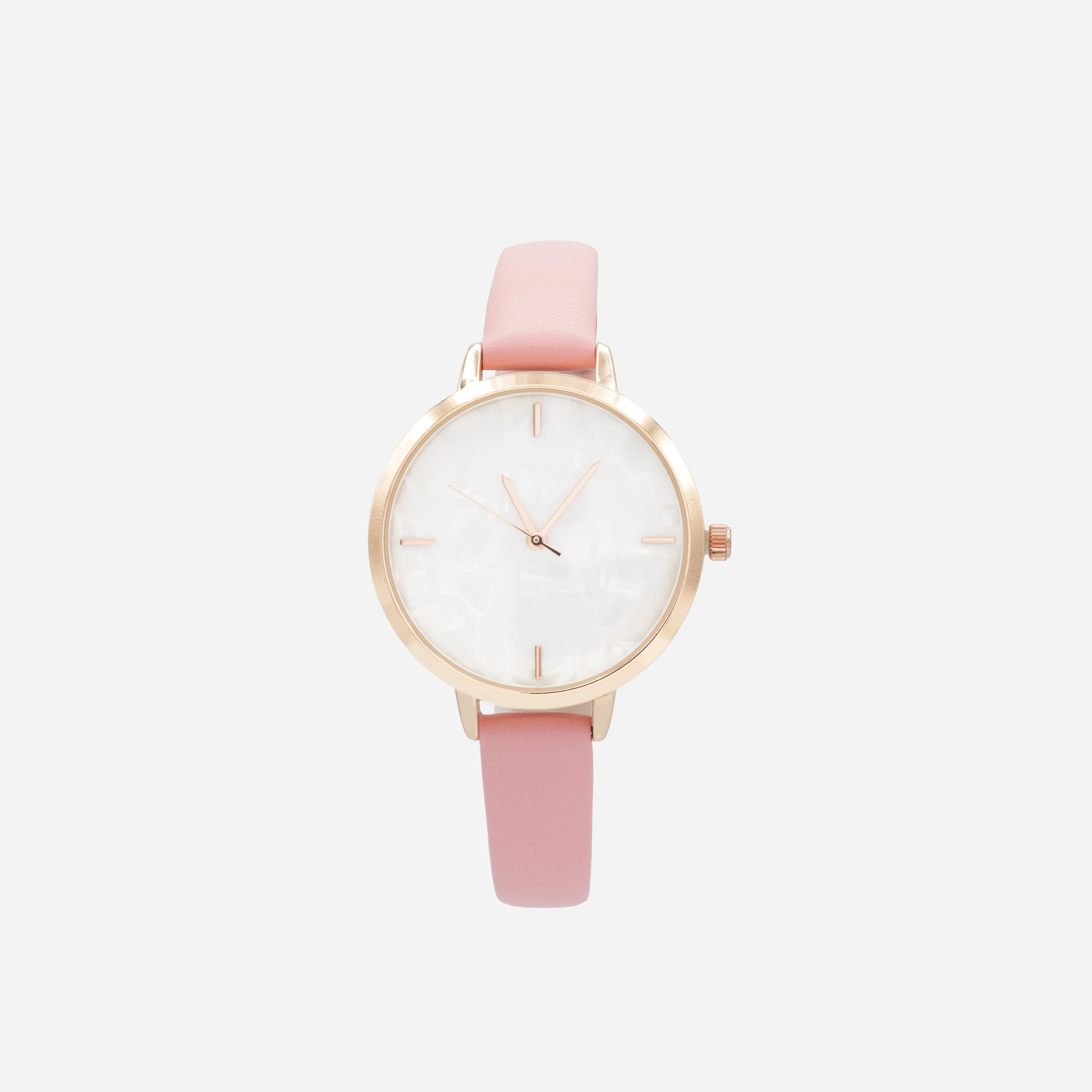 Montre rose pâle en similicuir à boîtier rond rose doré et cadran blanc nacré
