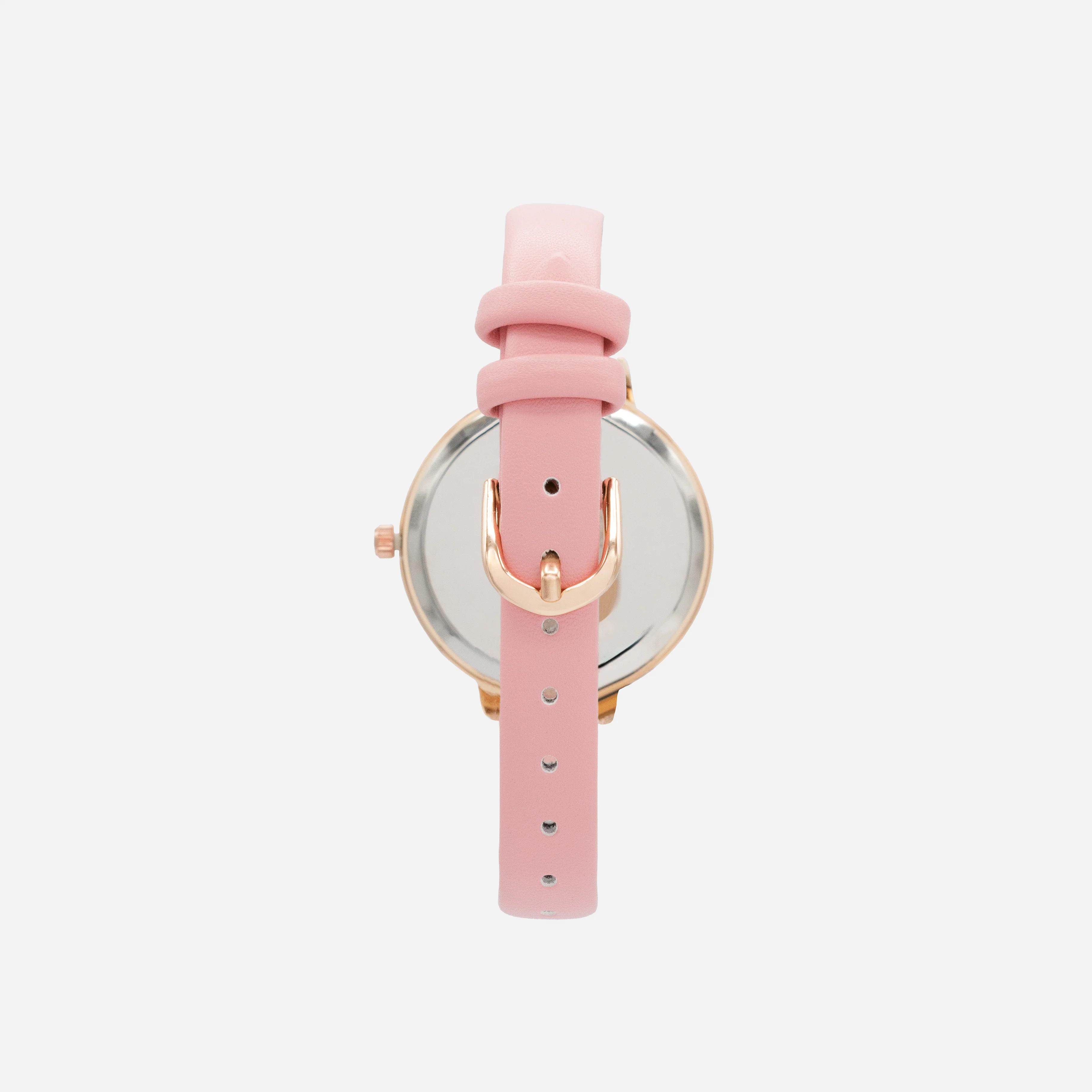 Montre rose pâle en similicuir à boîtier rond rose doré et cadran blanc nacré - Image 2