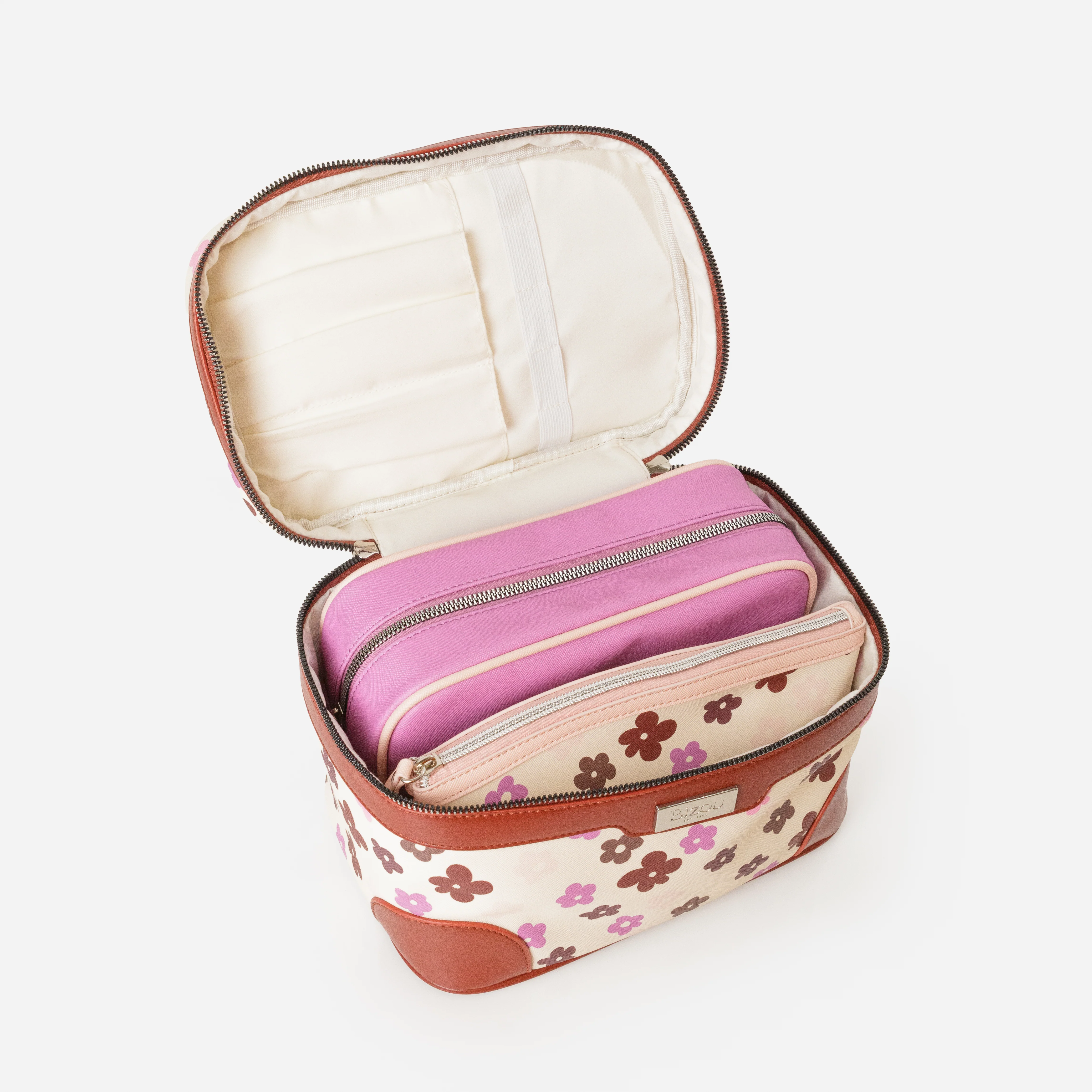 Pochette à cosmétiques 3 en 1  beige avec fleurs colorées - Image 8