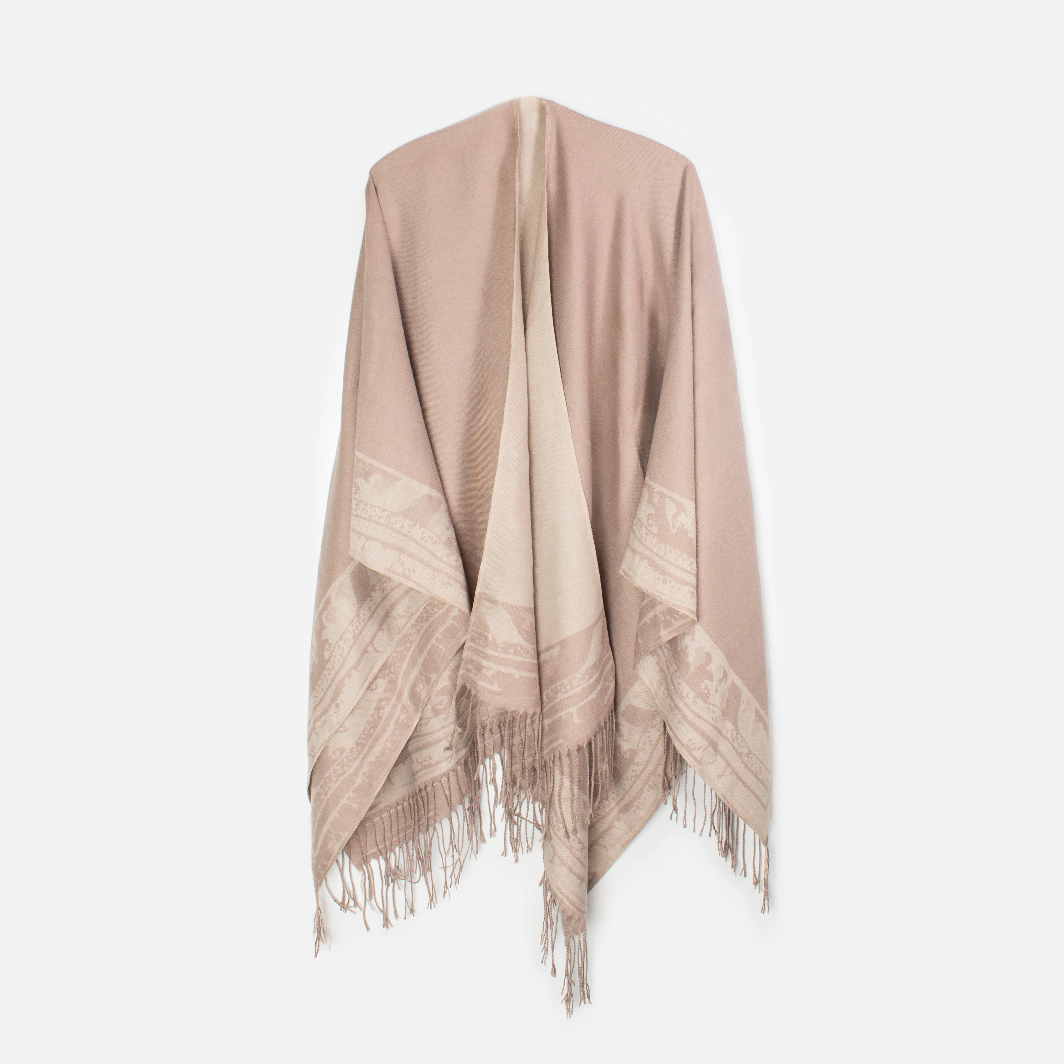 Poncho beige avec motif et frange
