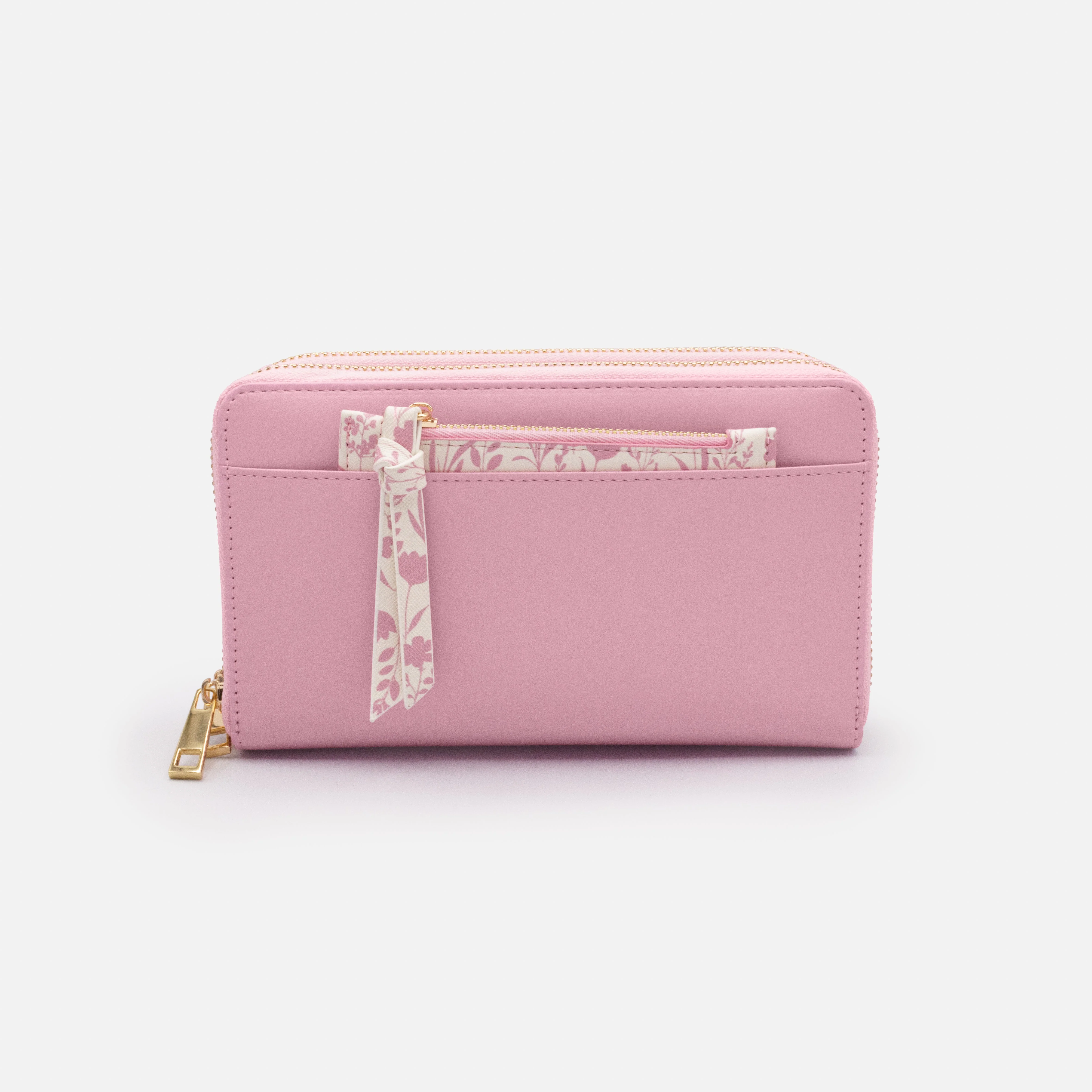 Portefeuille double rose en PU avec pochette fleurie amovible