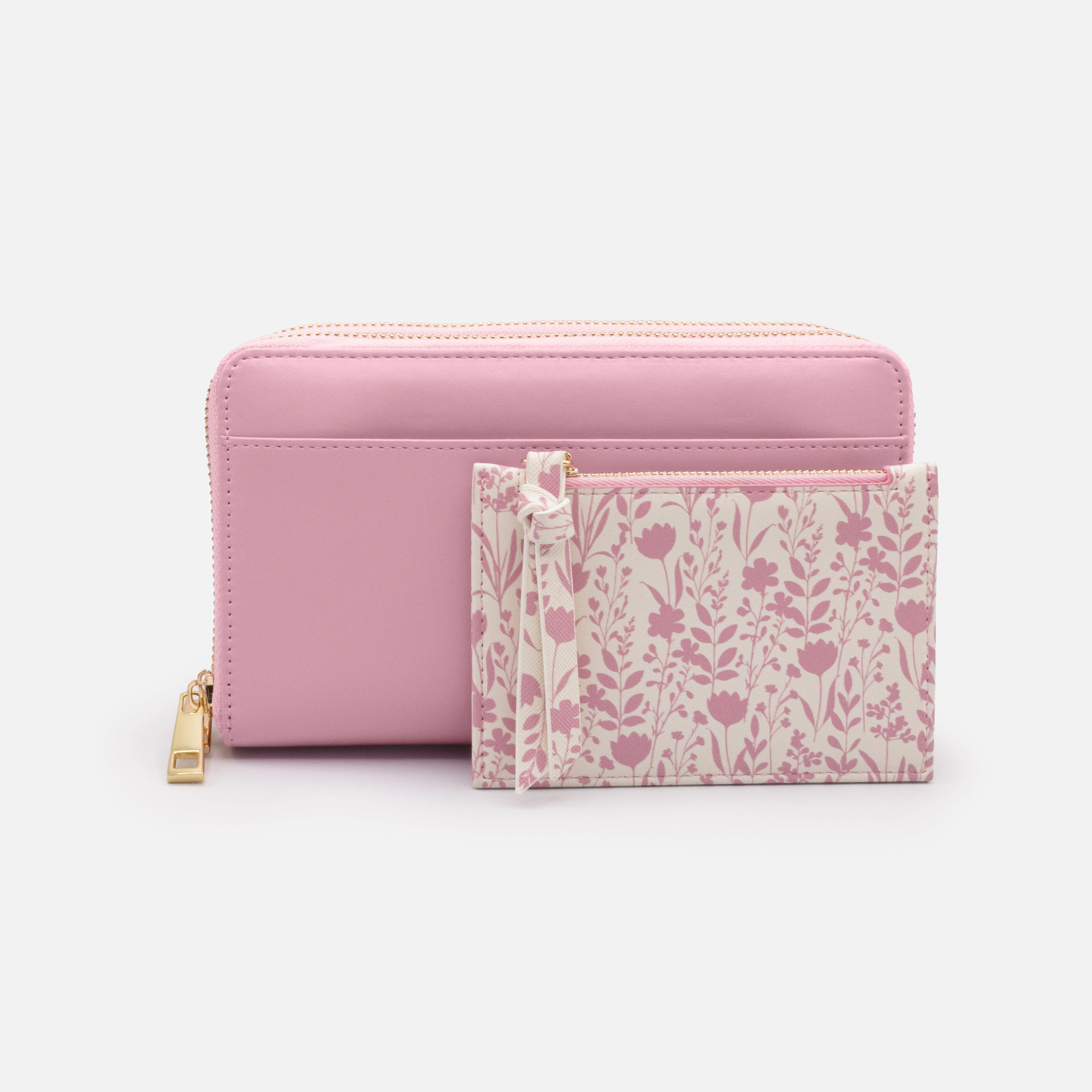 Portefeuille double rose en PU avec pochette fleurie amovible - Image 3