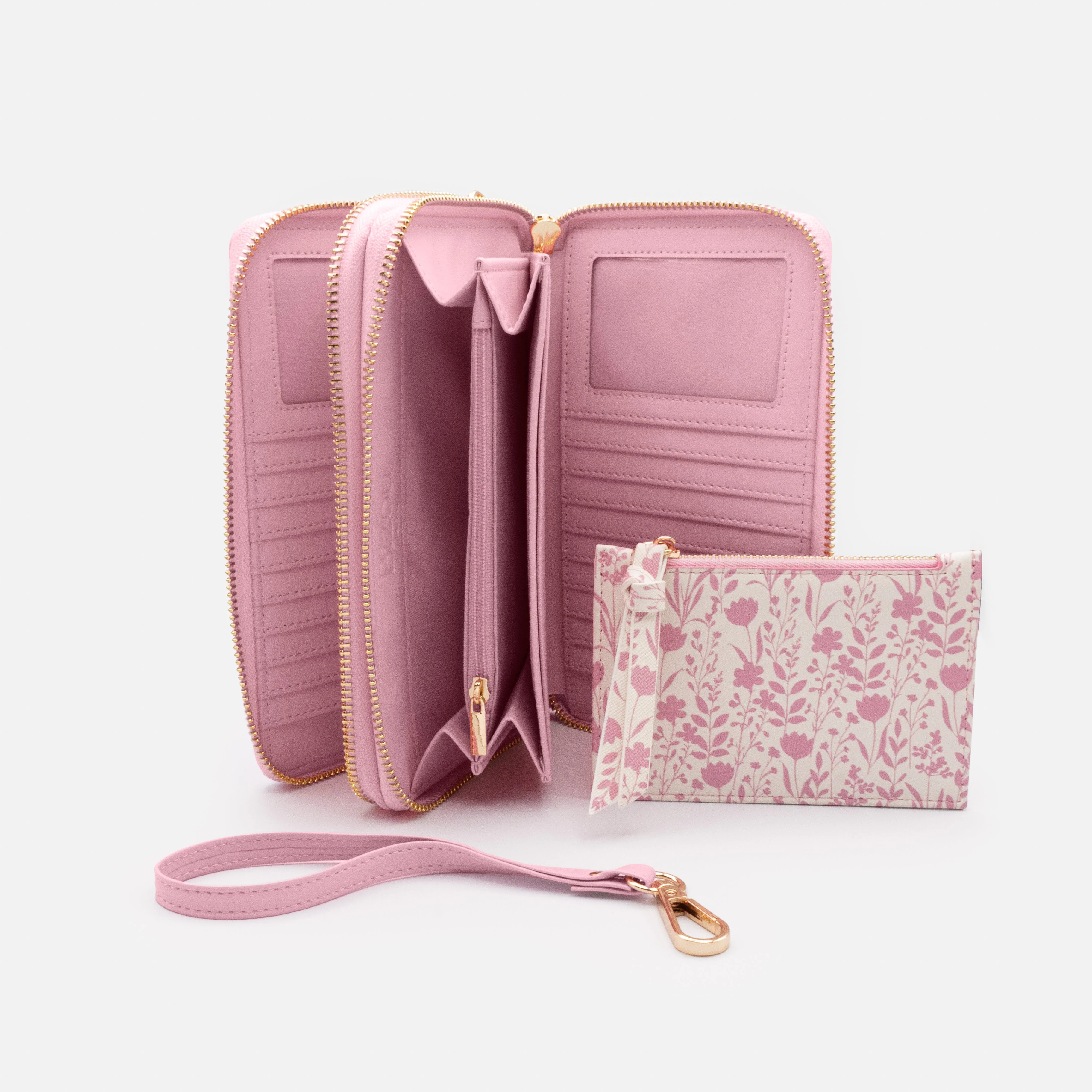 Portefeuille double rose en PU avec pochette fleurie amovible - Image 5